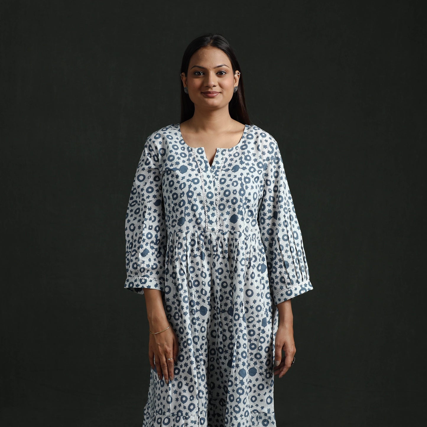 Tiered flared lace work cotton hand block batik print dress