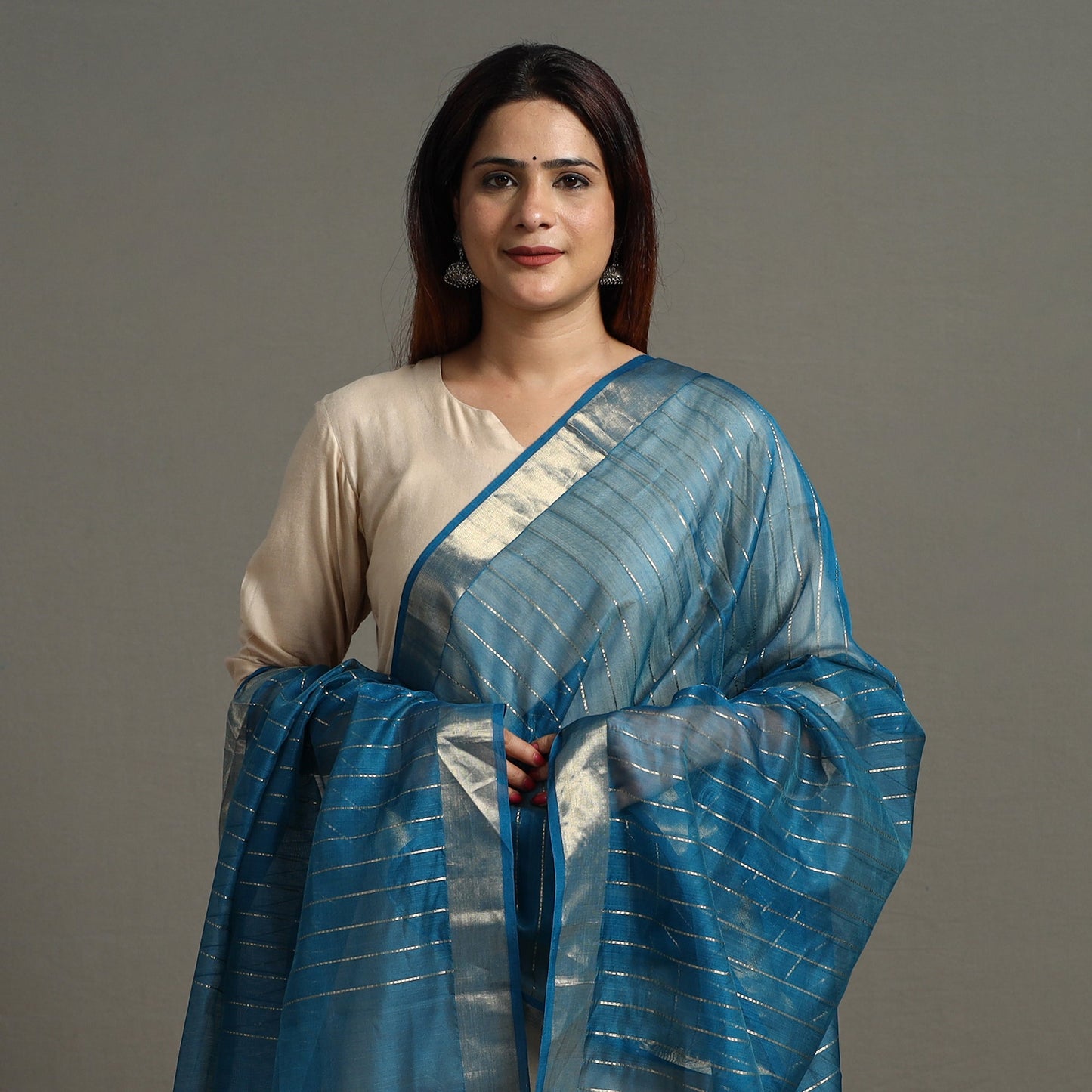 Blue - Traditional Chanderi Silk Handloom Zari Stripe Dupatta with Tassels 61