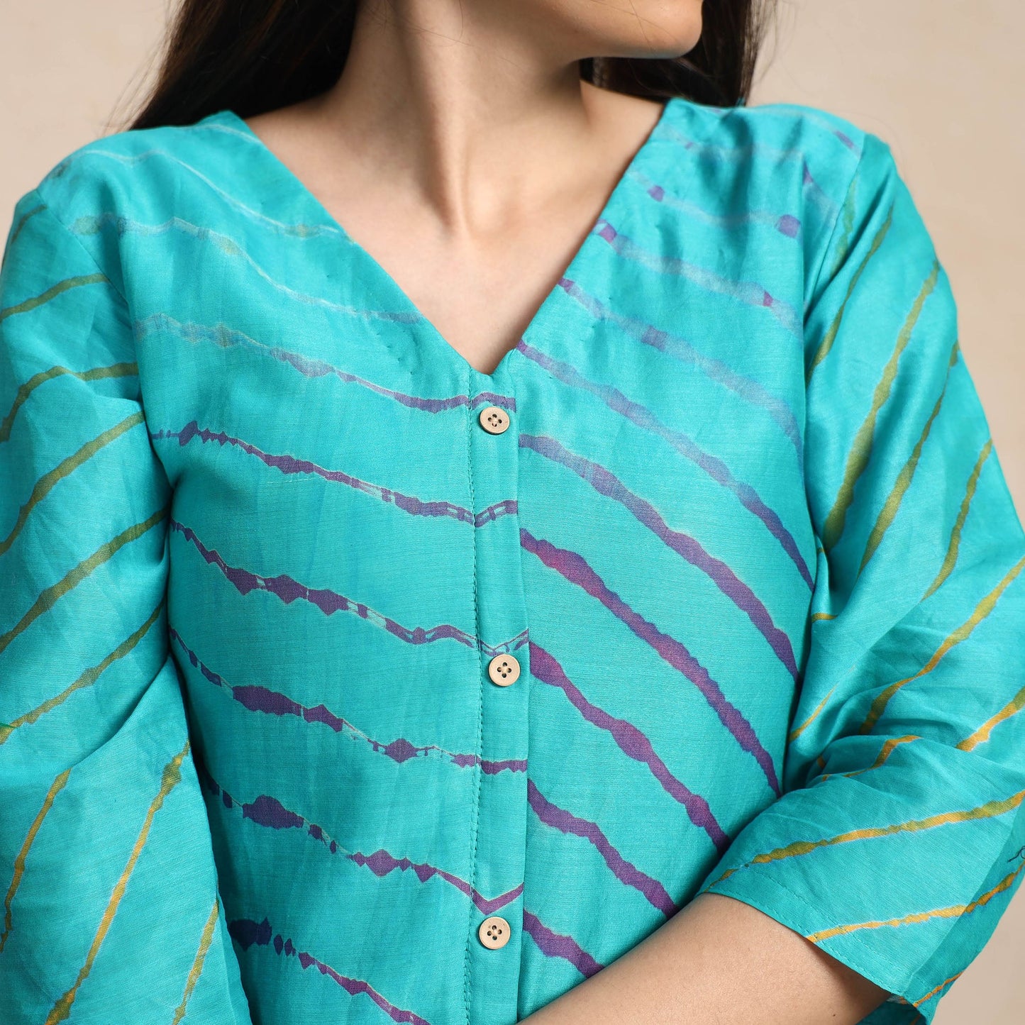 Blue - turquoise leheriya tie-dye chanderi silk a-line long