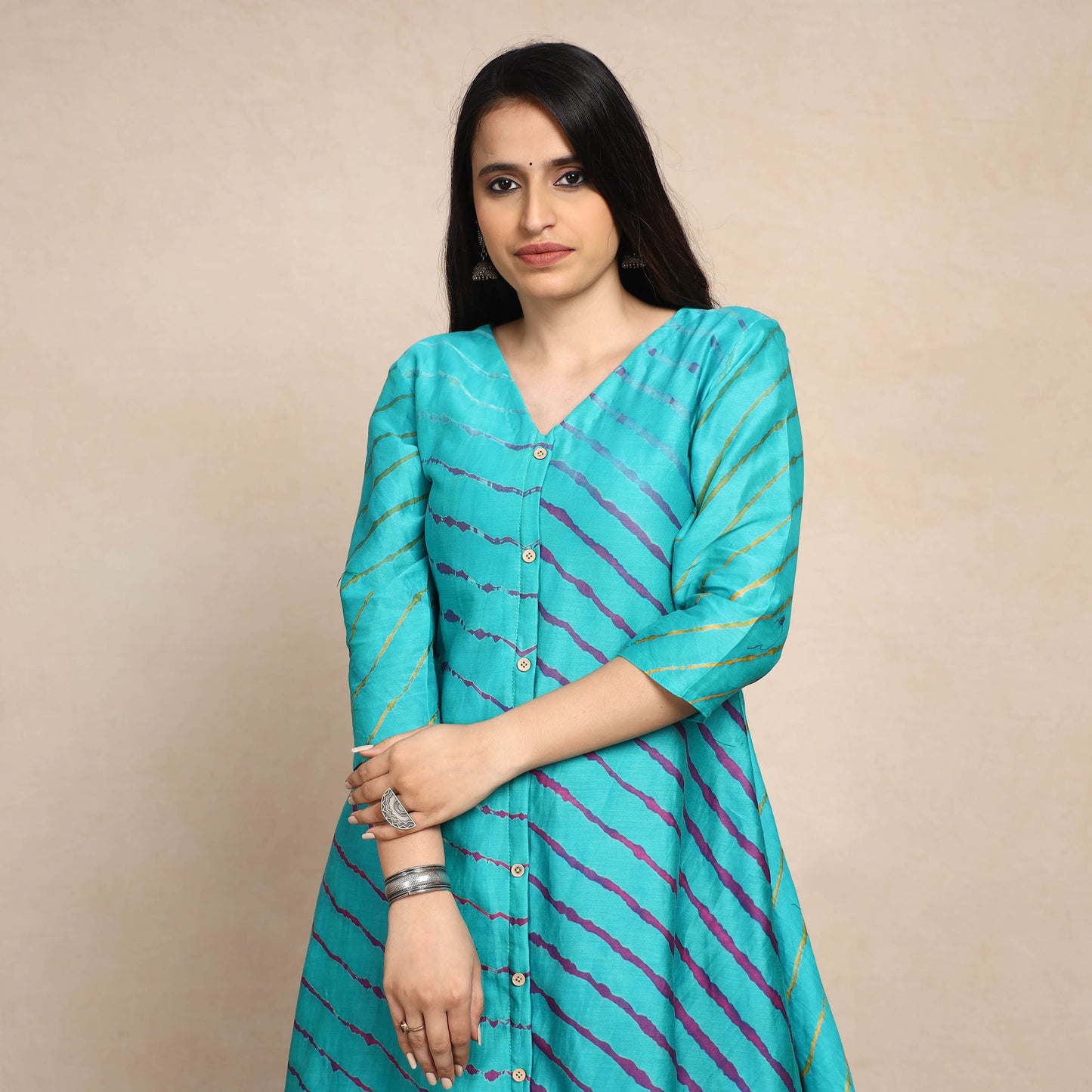 Blue - turquoise leheriya tie-dye chanderi silk a-line long