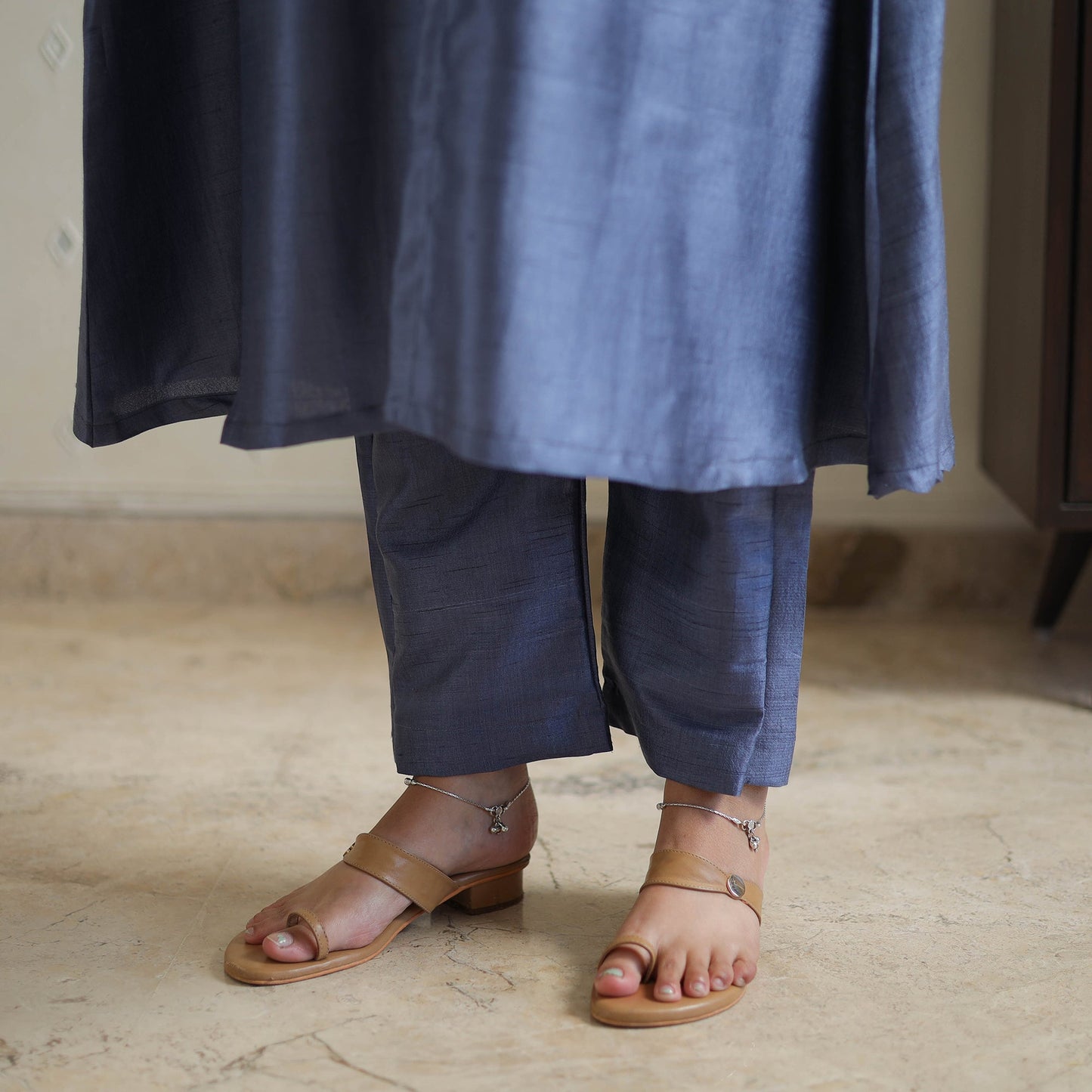 Blue - tussar dupion silk handloom plain kurta set 01