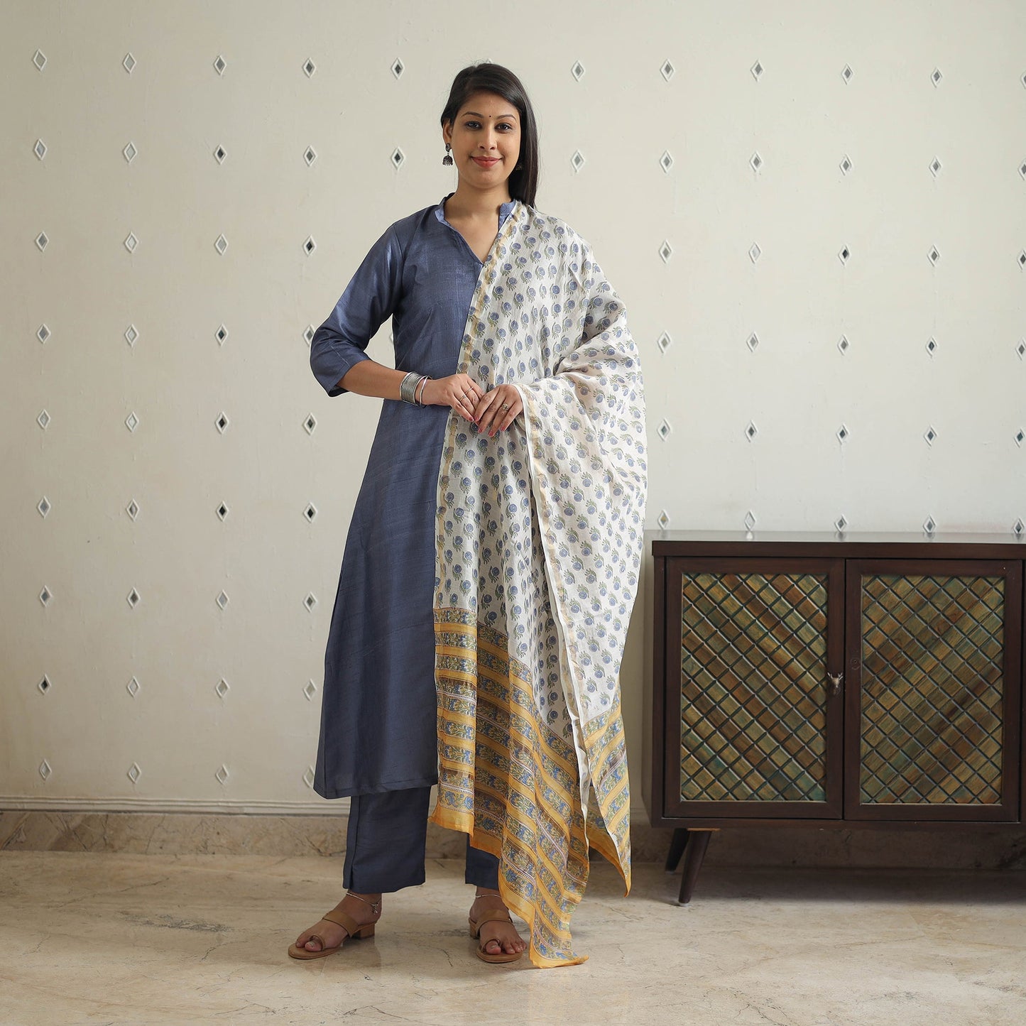 Blue - tussar dupion silk handloom plain kurta set 01
