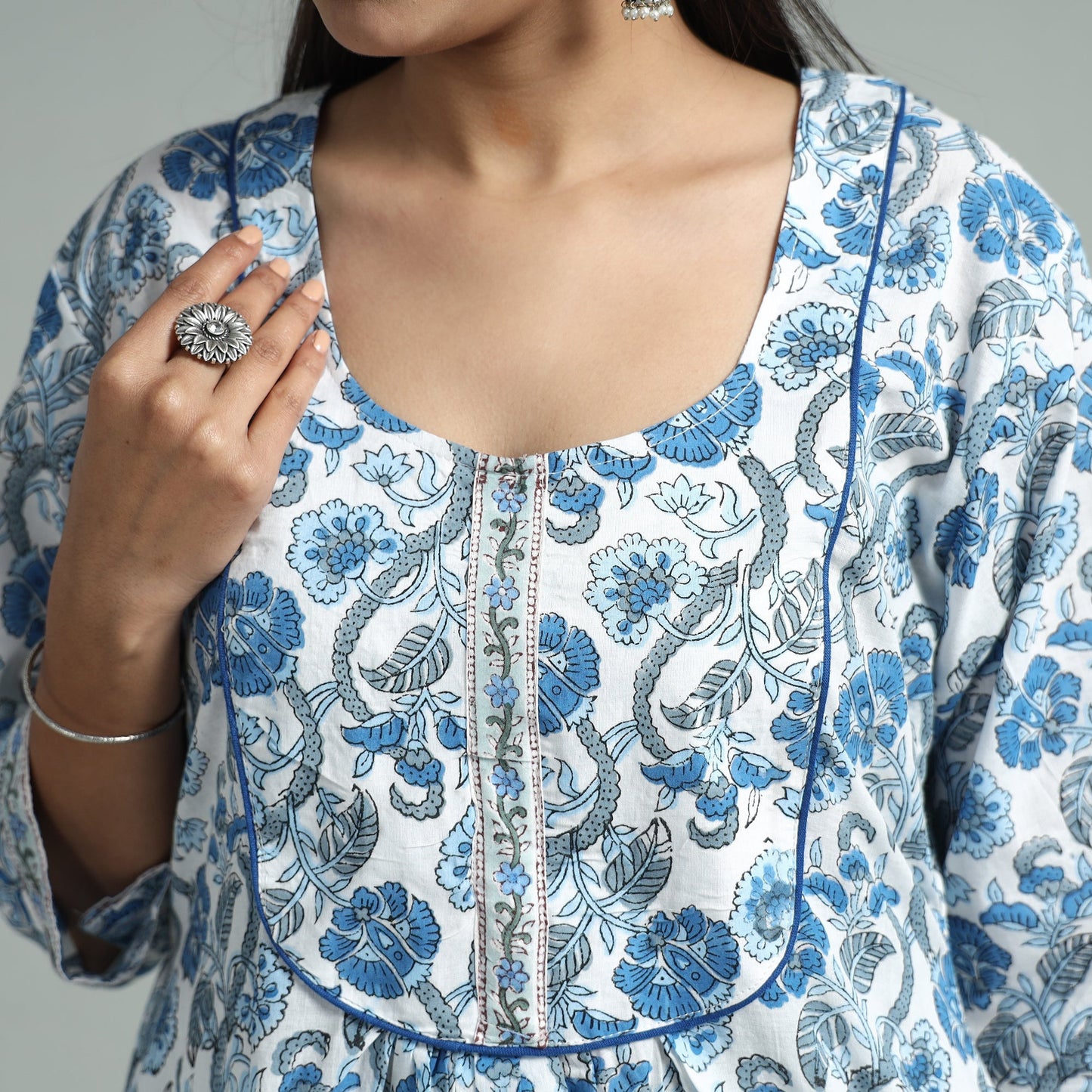 White - sanganeri block printed cotton a-line kurta