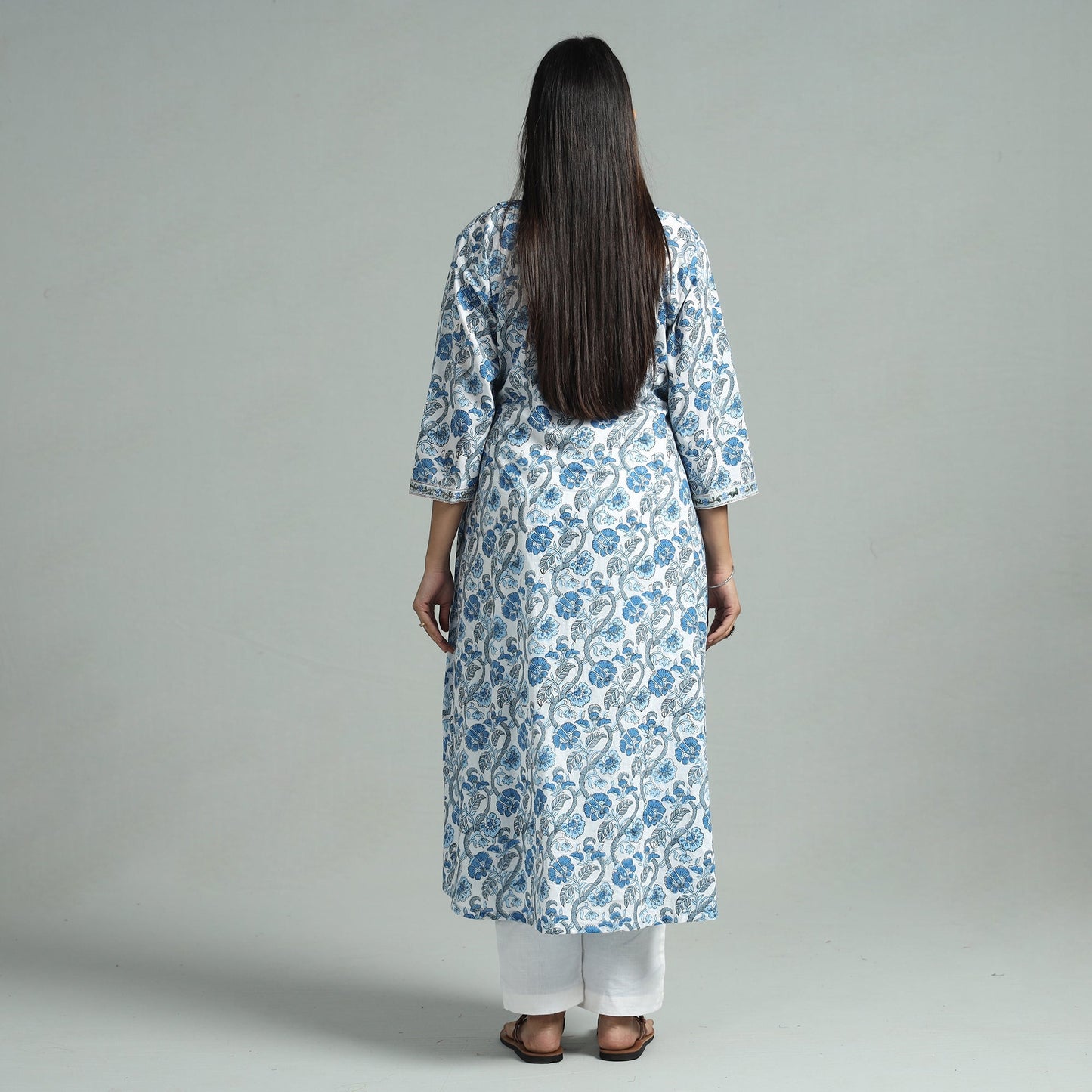 White - sanganeri block printed cotton a-line kurta