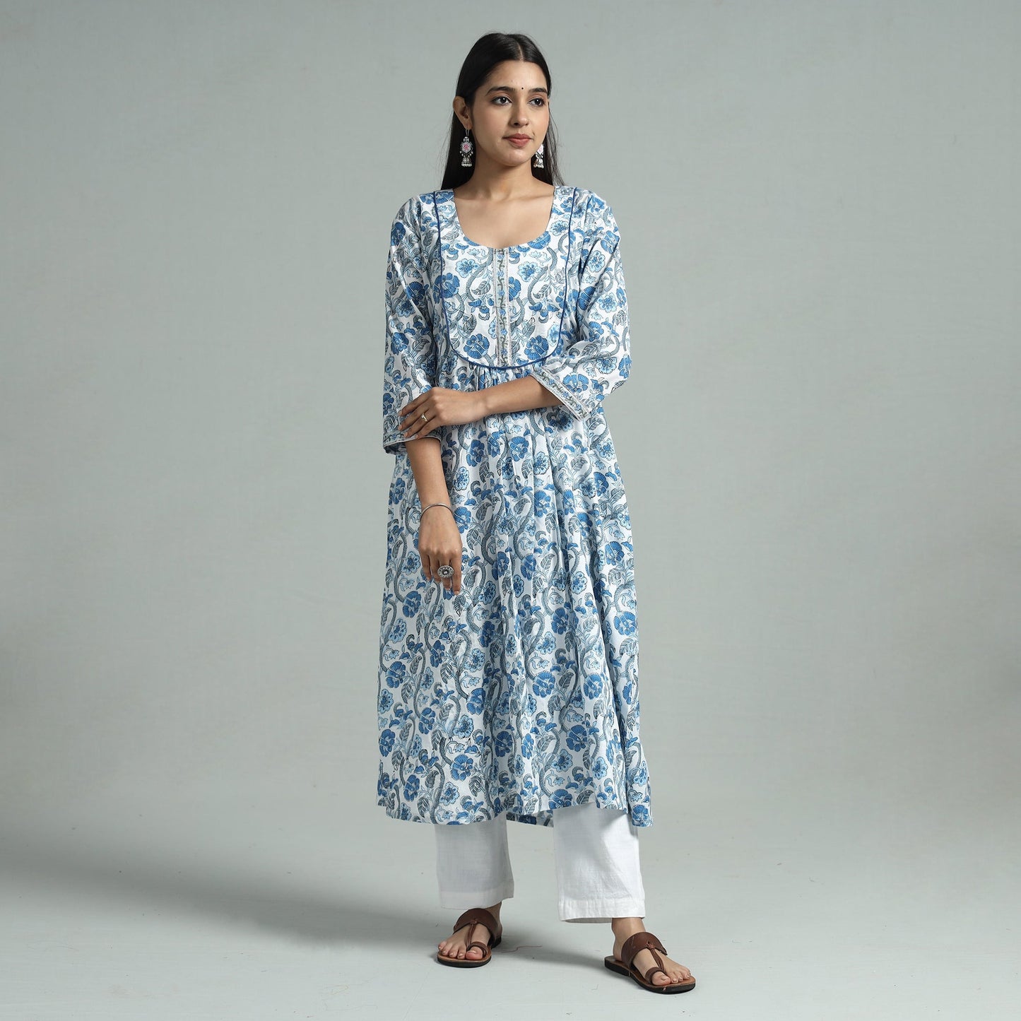White - sanganeri block printed cotton a-line kurta