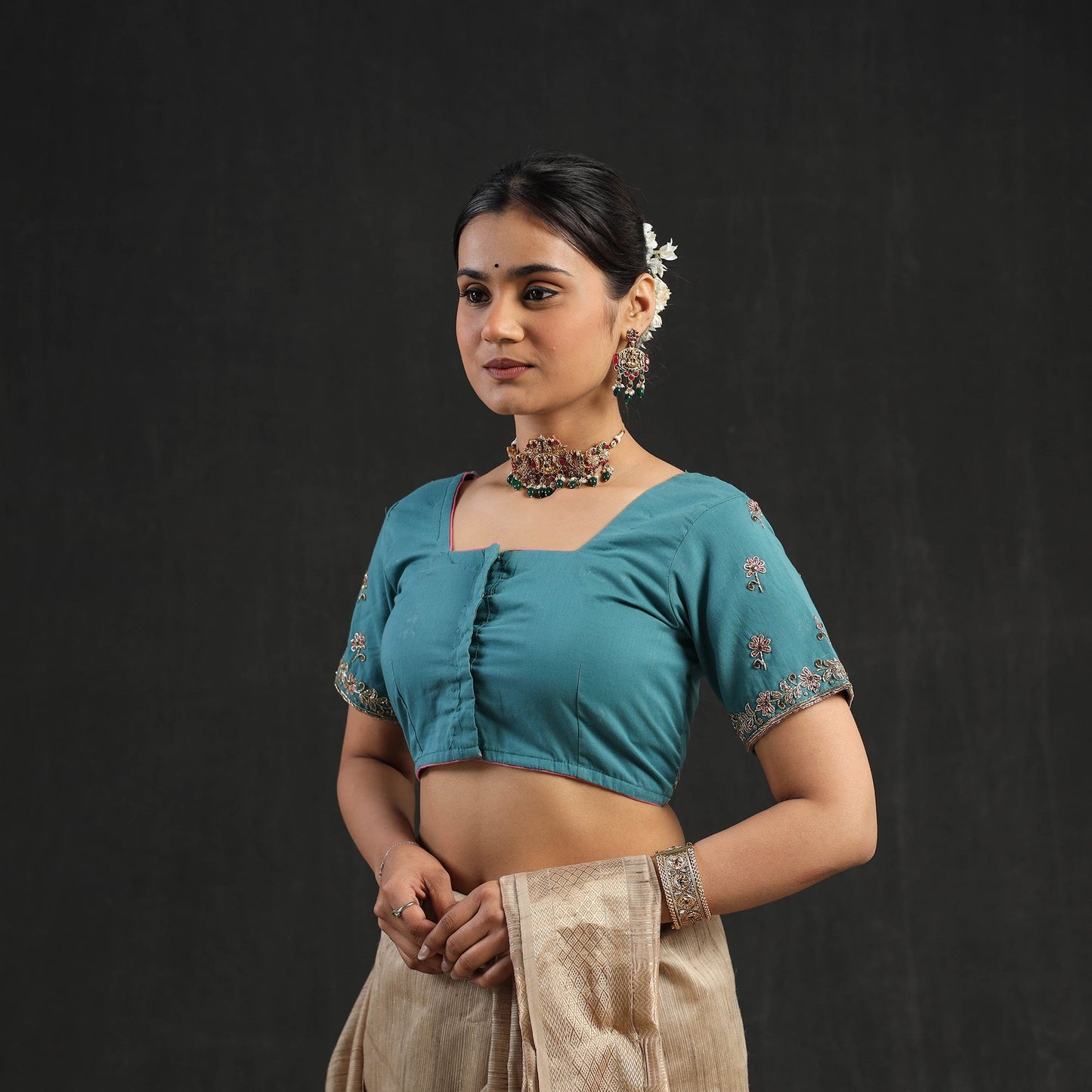 Buy Blue Zardozi Hand Embroidery Cotton Blouse Online