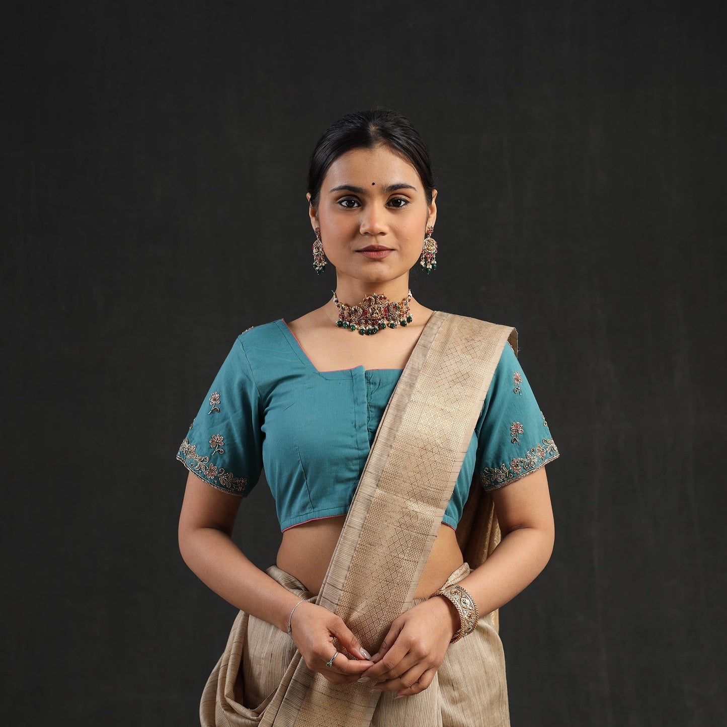 Buy Blue Zardozi Hand Embroidery Cotton Blouse Online