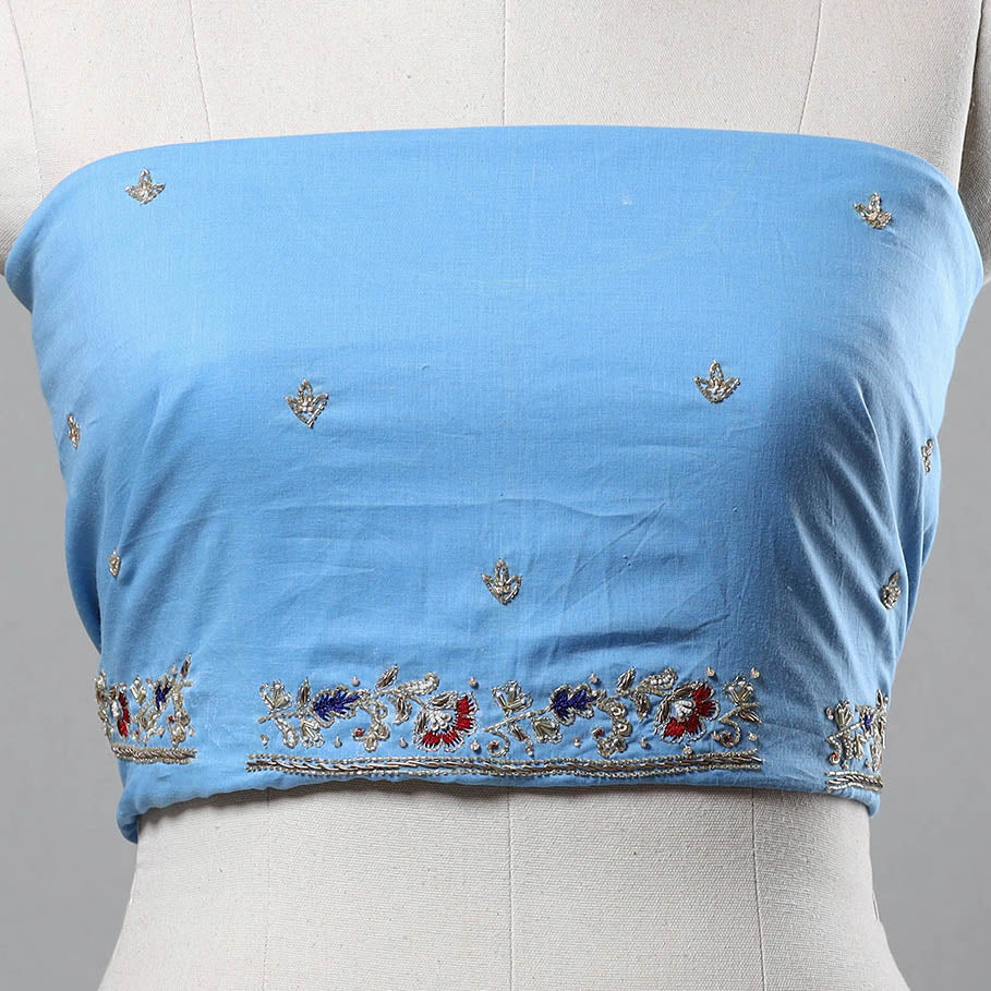 Blue Zardozi Hand Embroidery Cotton Plain Blouse Piece