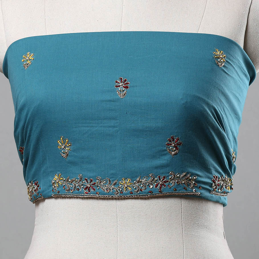 Blue - zardozi hand embroidery cotton plain blouse piece 29