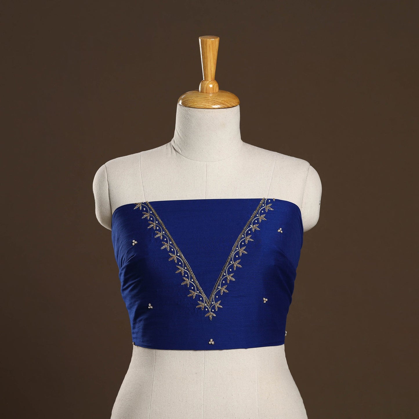 Blue - zardozi hand embroidery slub silk plain blouse piece