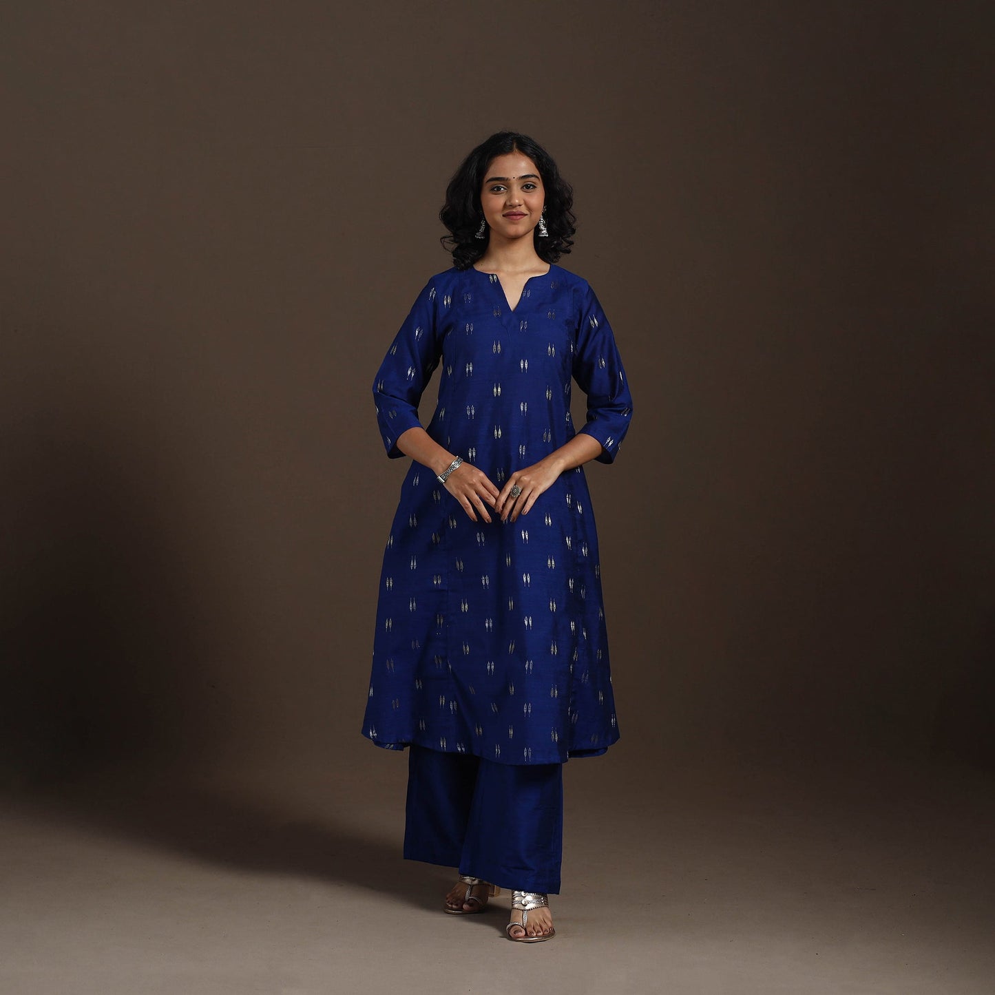 Blue Zari Buti A-Line Spun Dupion Silk Kurta Set (Set of 2)