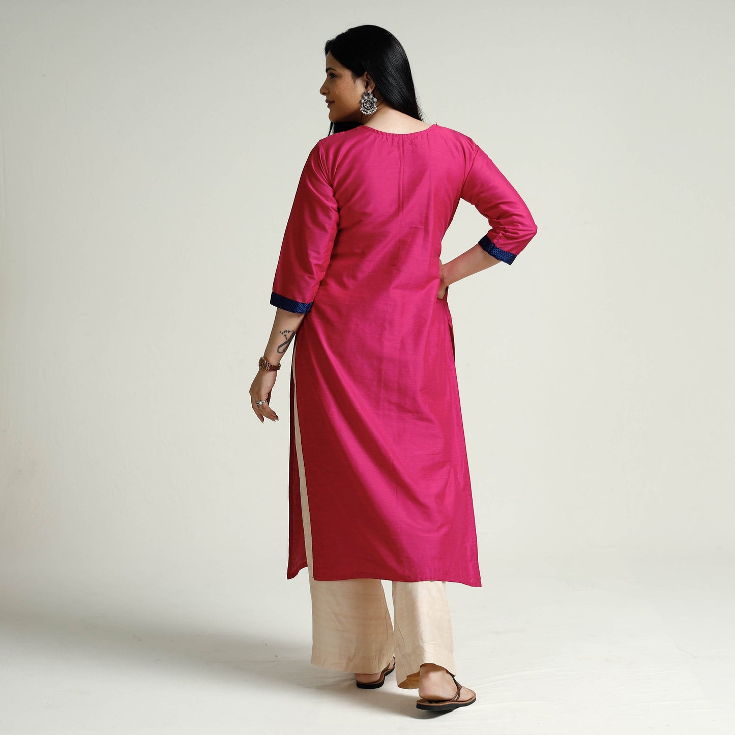 Bright Pink Plain Silk Long Kurta
