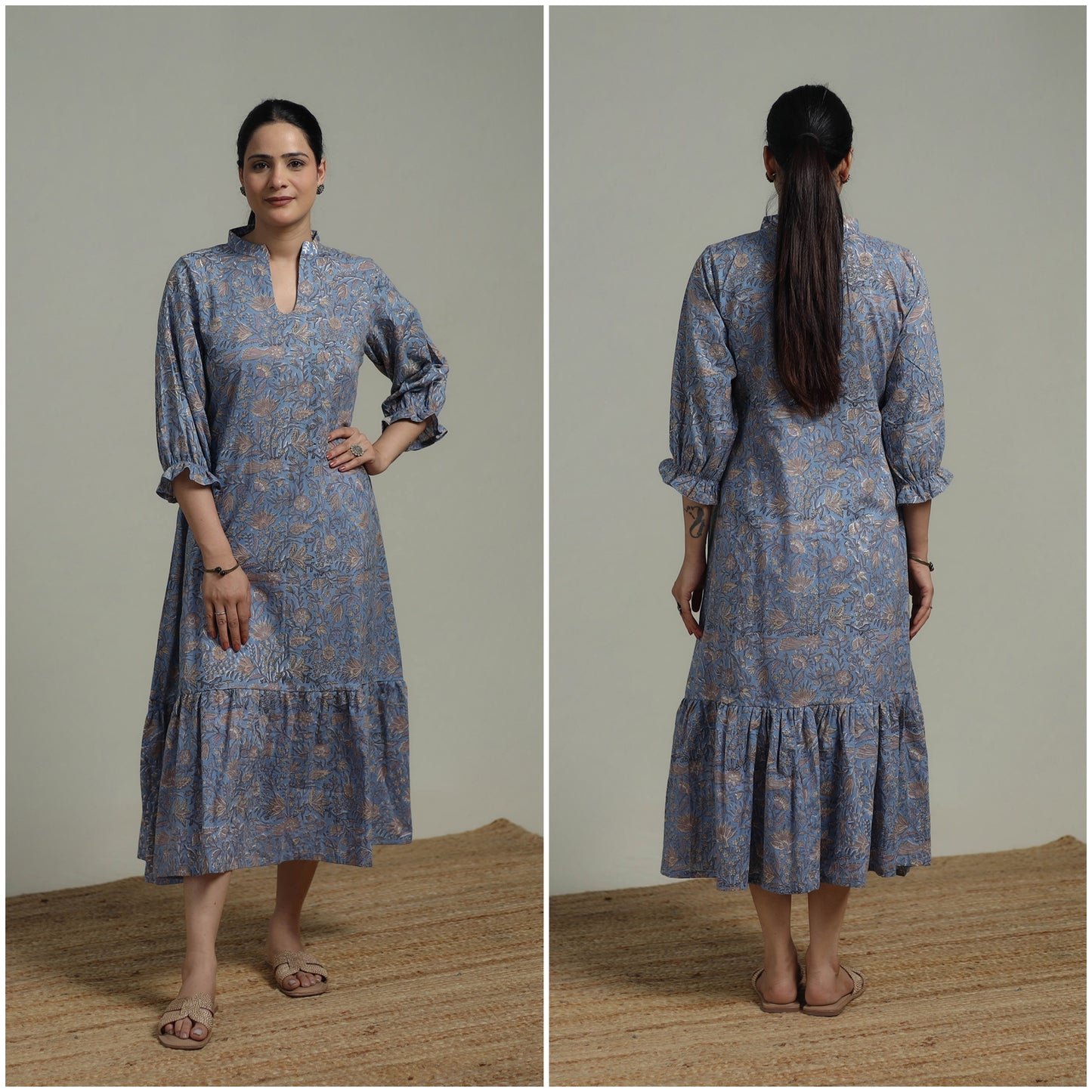 Blue - Sanganeri Hand Block Print Pure Cotton Tiered Dress 16