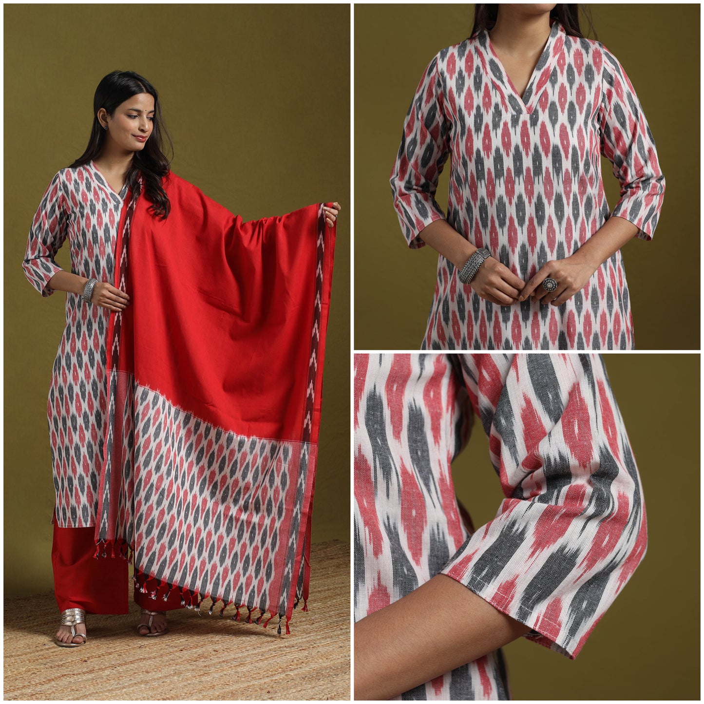 Pochampally Ikat Cotton Suit Set with Dupatta for women 20