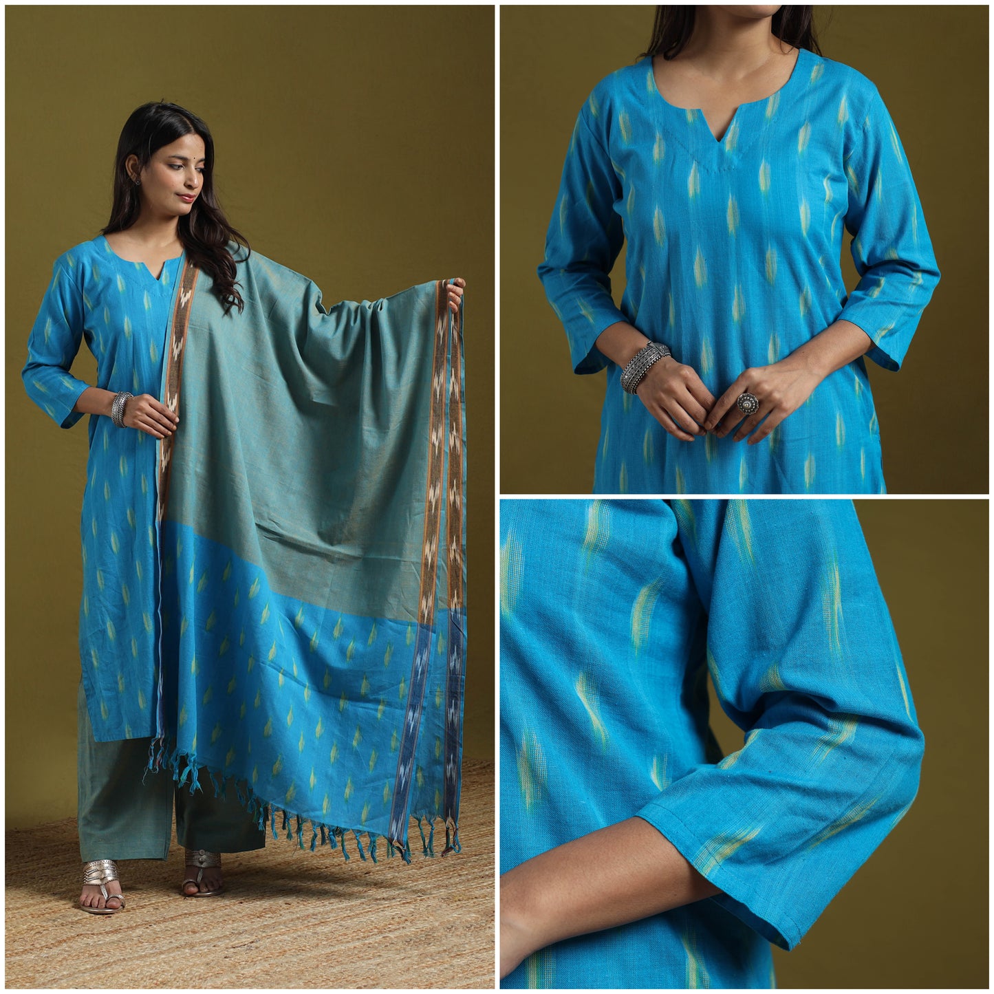 Pochampally Ikat Cotton Suit Set with Dupatta for women 12