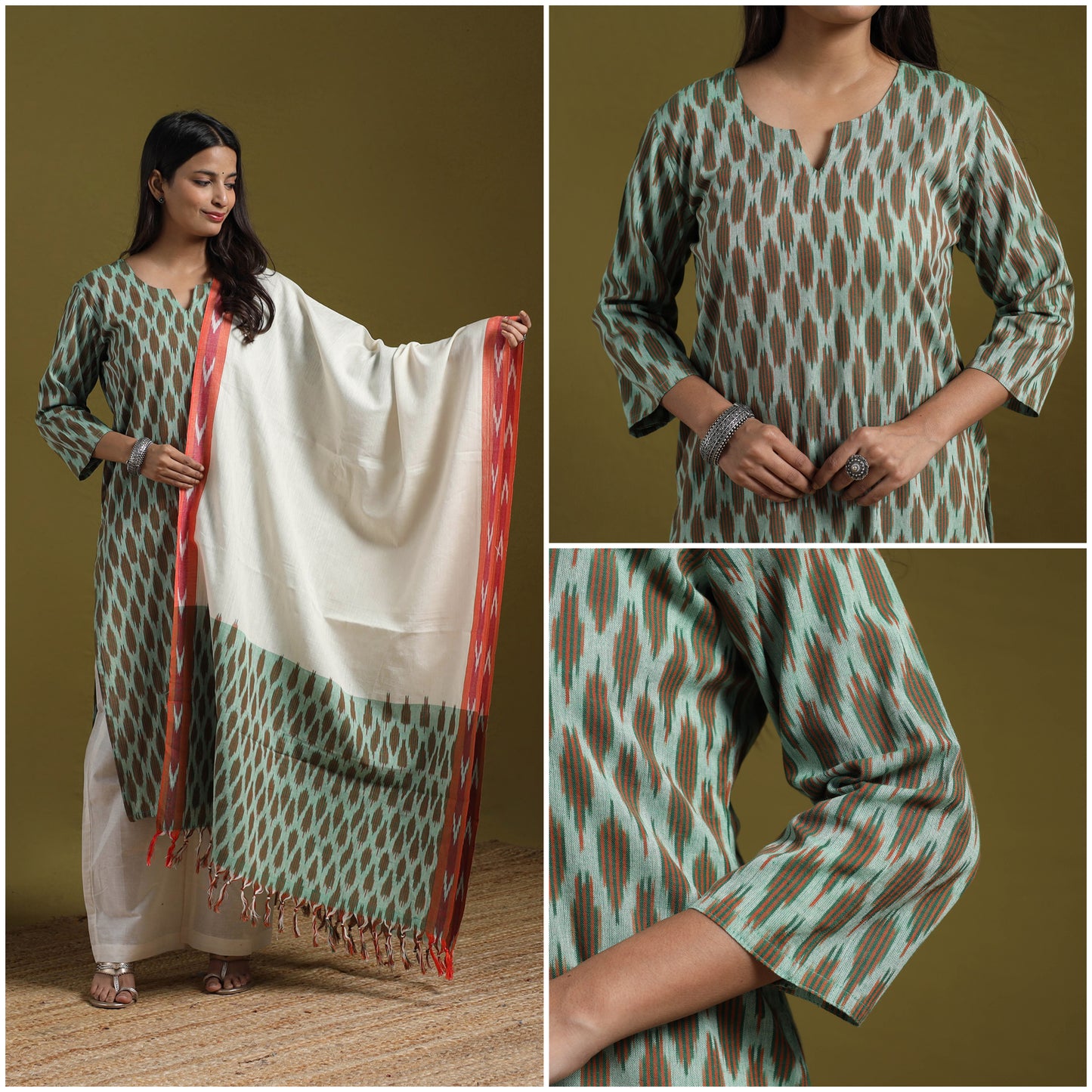 Pochampally Ikat Cotton Suit Set with Dupatta for women 15