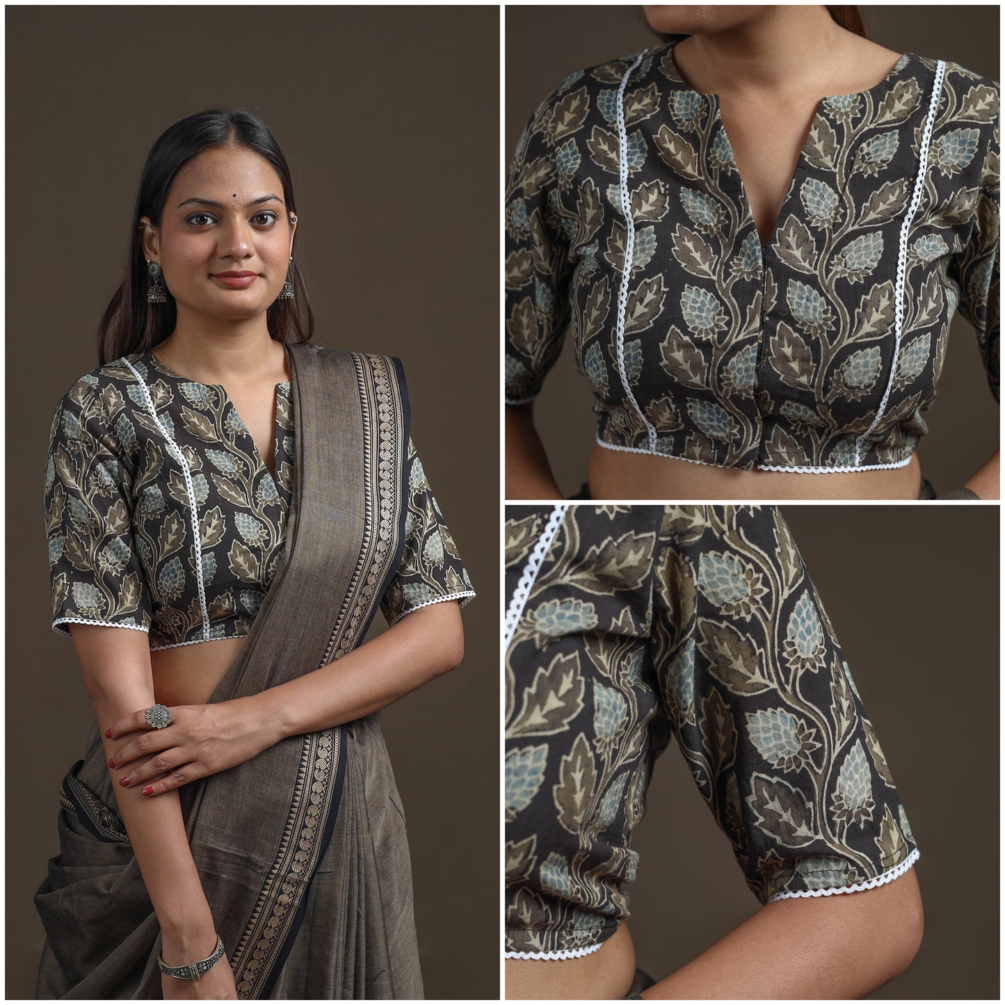 Ajrakh Hand Block Print Natural Dyed Cotton Readymade Blouse with Lace Work 04