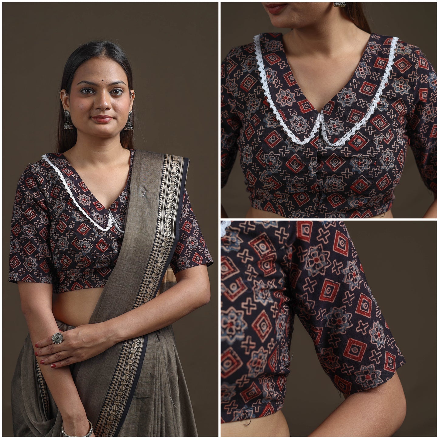 Ajrakh Hand Block Print Natural Dyed Cotton Readymade Blouse with Lace Work 07