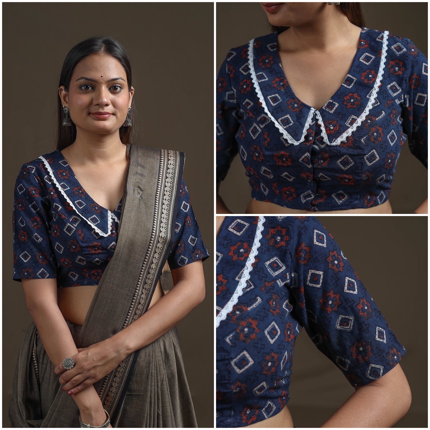Ajrakh Hand Block Print Natural Dyed Cotton Readymade Blouse with Lace Work 10
