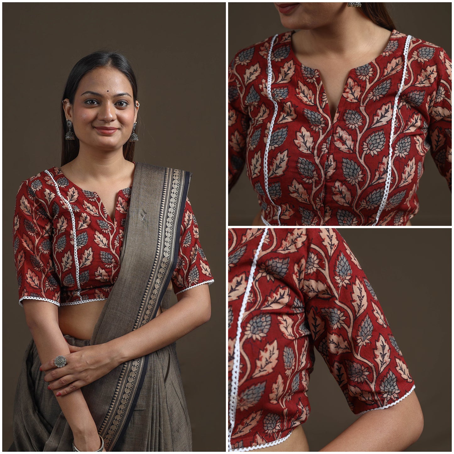 Ajrakh Hand Block Print Natural Dyed Cotton Readymade Blouse with Lace Work 05