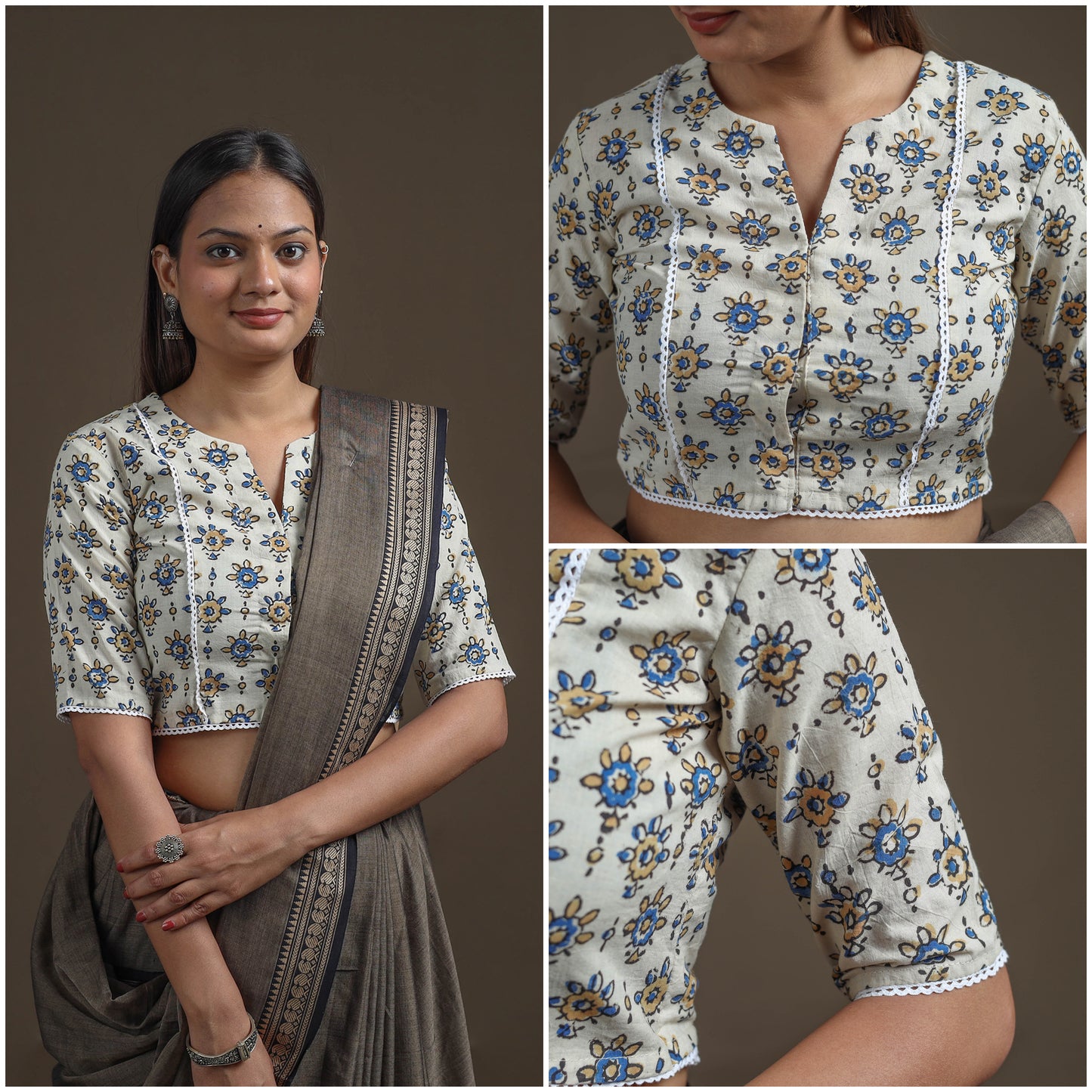 Ajrakh Hand Block Print Natural Dyed Cotton Readymade Blouse with Lace Work 01