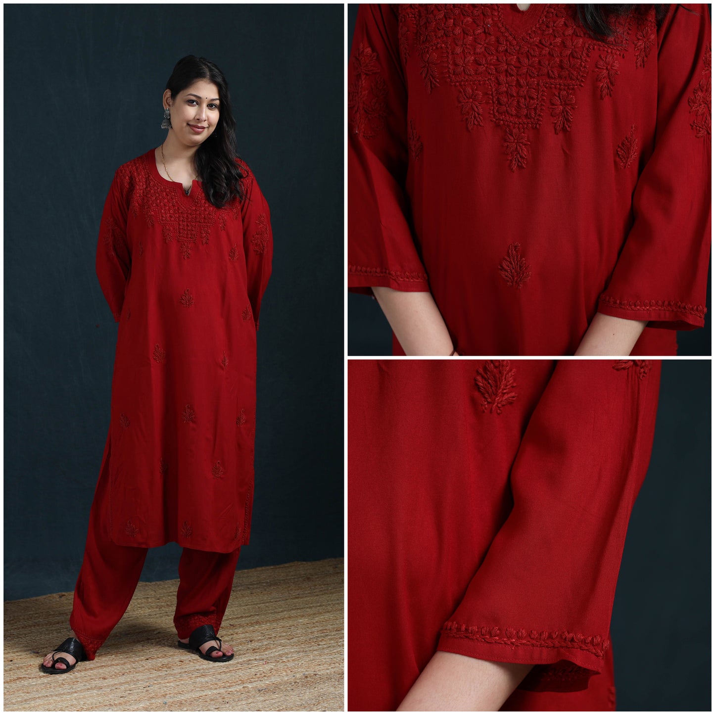 Red - Hand Embroidered Rayon Chikankari Kurta with Pant Set for Women 05
