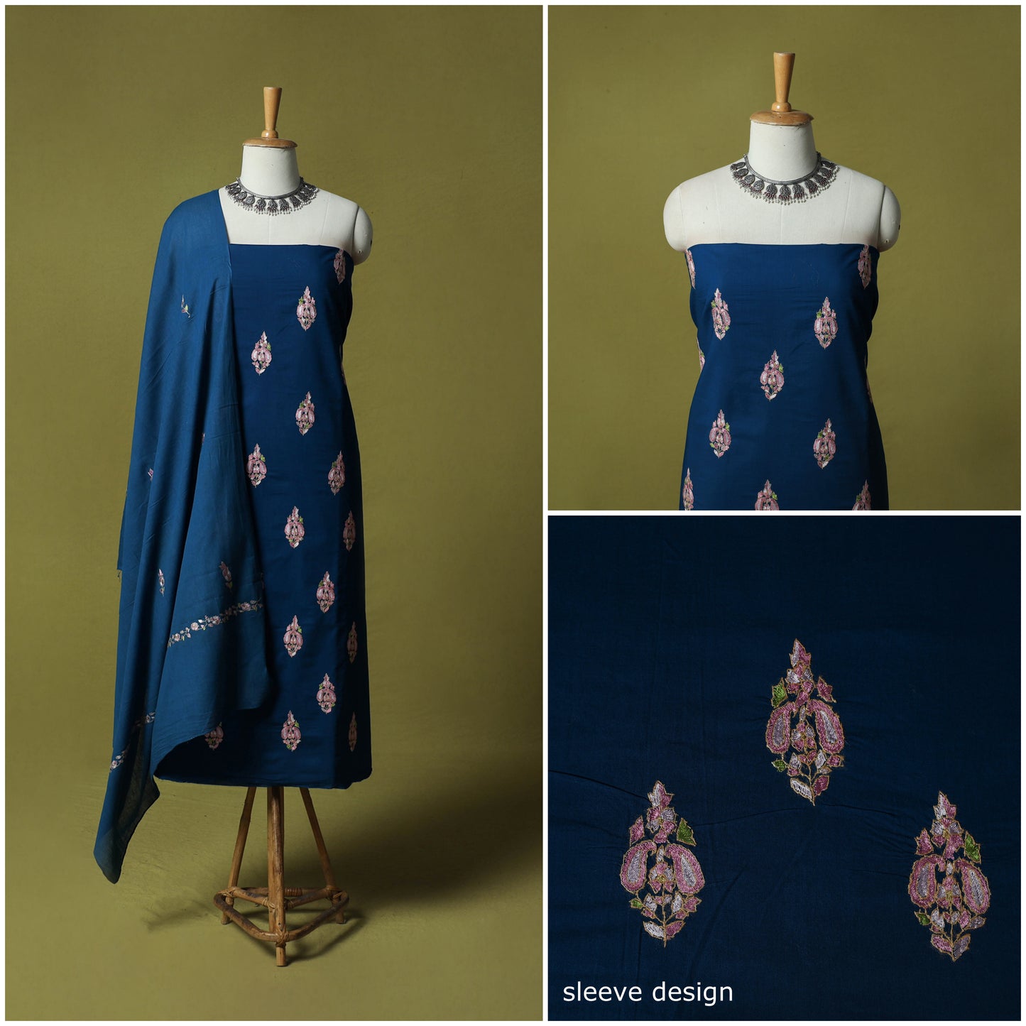 Blue - Hand Embroidered Cotton Kashida 3pc Unstitched Dress Material Suit Set 46