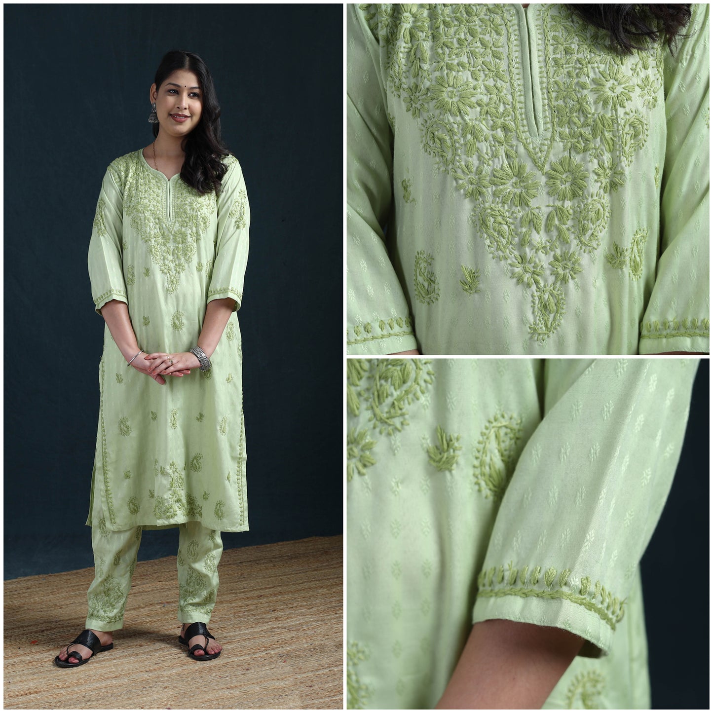 Green - Hand Embroidered Rayon Cotton Chikankari Kurta with Pant Set for Women 17