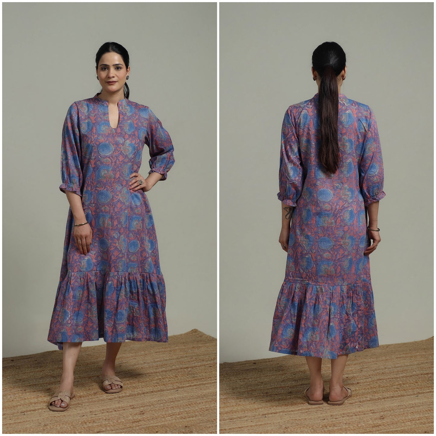 Purple - Sanganeri Hand Block Print Pure Cotton Tiered Dress 19