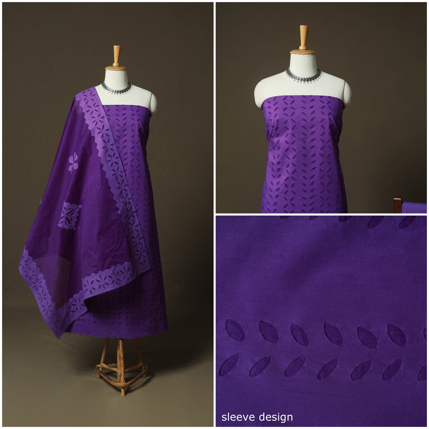 Purple - Barmer Applique Cutwork Cotton 3pc Unstitched Dress Material Suit Set 10