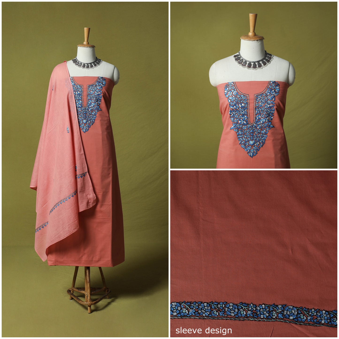 Hand Embroidered Cotton Kashida 3pc Unstitched Dress Material Suit Set 69