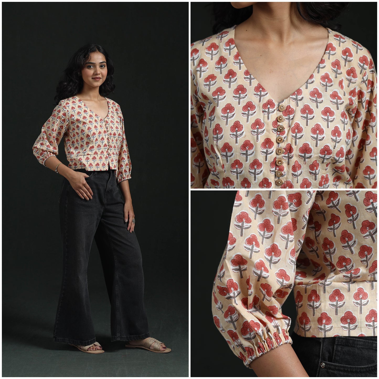 Hand Block Sanganeri Print Cotton Floral Crop Top 07