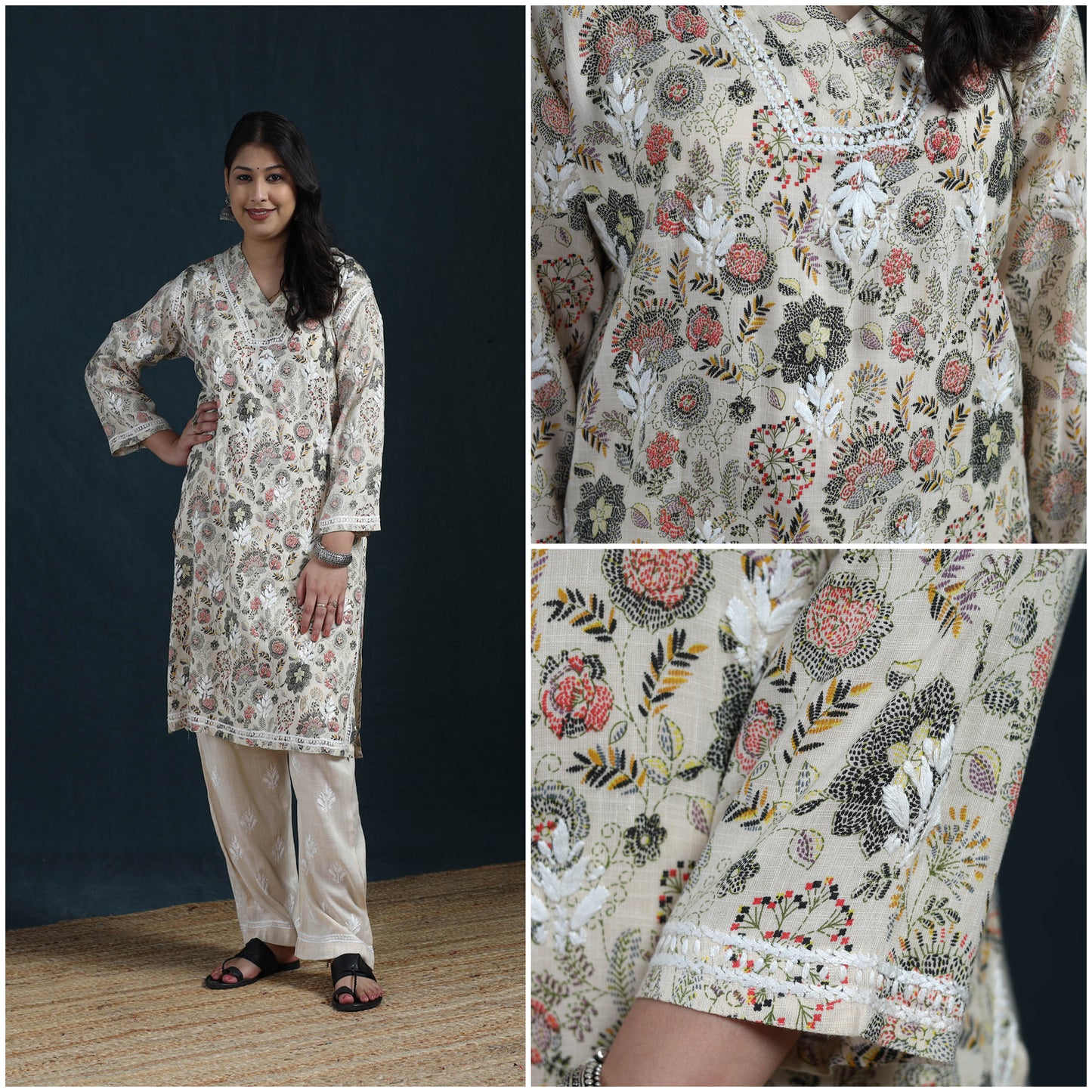 Beige - Hand Embroidered Printed Cotton Chikankari Kurta with Pant Set for Women 30