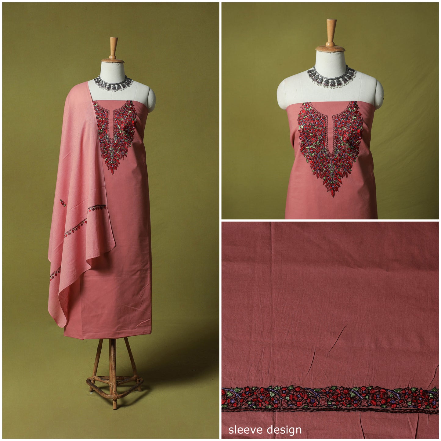 Hand Embroidered Cotton Kashida 3pc Unstitched Dress Material Suit Set 63
