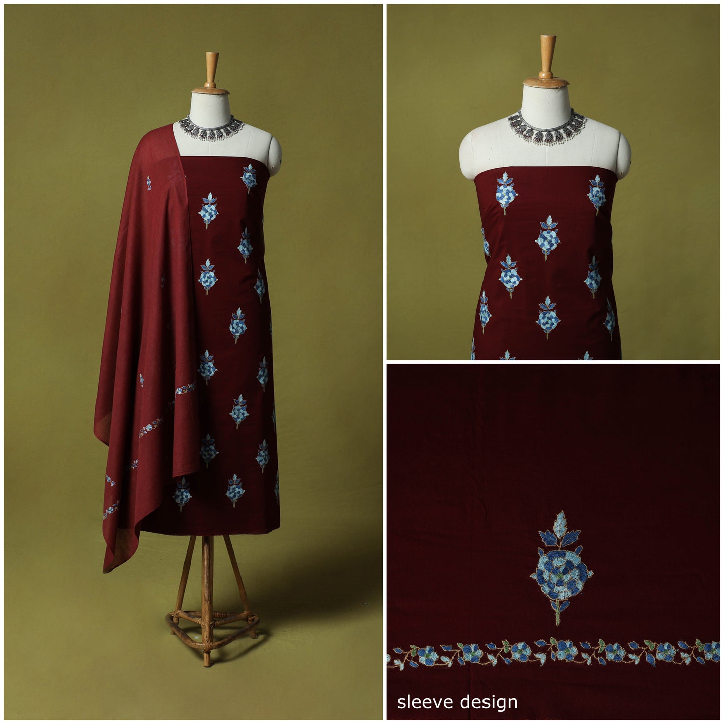 Maroon - Hand Embroidered Cotton Kashida 3pc Unstitched Dress Material Suit Set 51