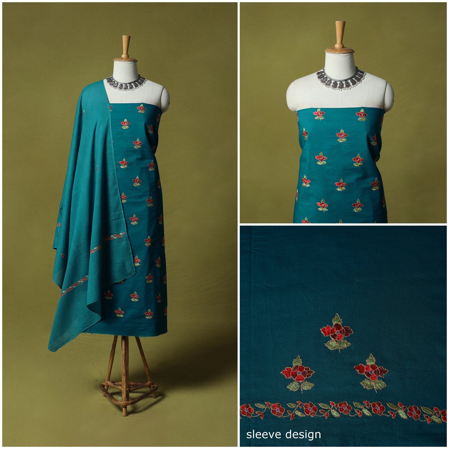 Blue - Hand Embroidered Cotton Kashida 3pc Unstitched Dress Material Suit Set 55