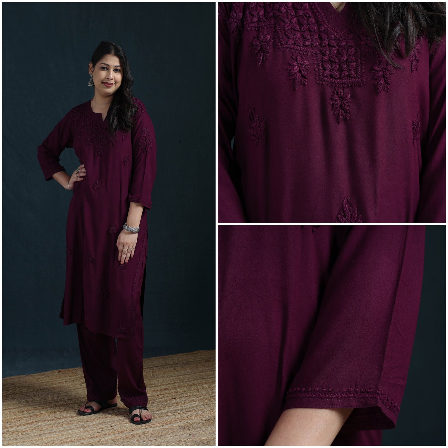Purple - Hand Embroidered Rayon Chikankari Kurta with Pant Set for Women 02