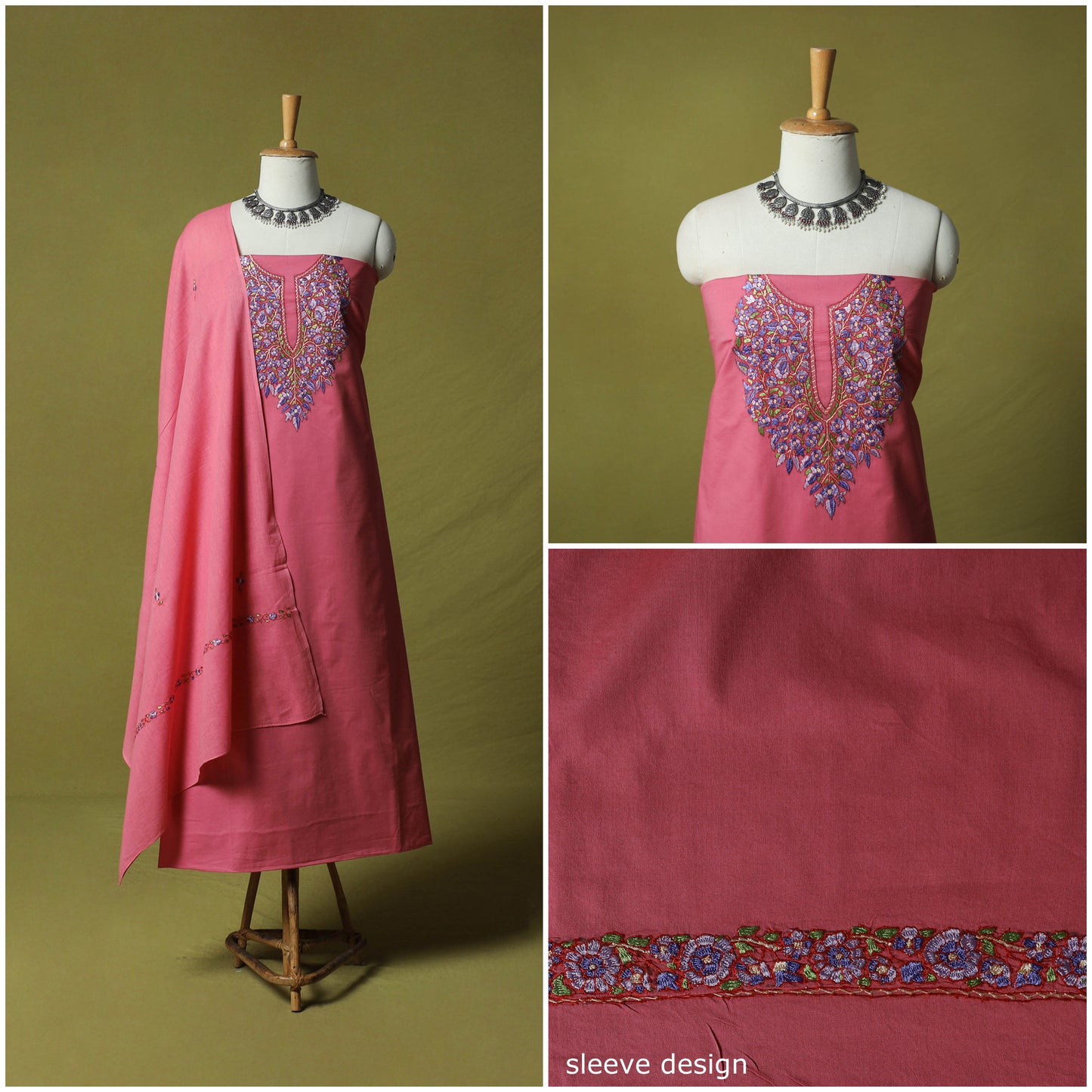 Hand Embroidered Cotton Kashida 3pc Unstitched Dress Material Suit Set 71