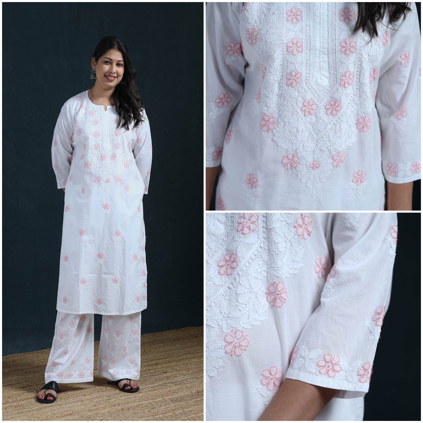 White - Hand Embroidered Mul Cotton Chikankari Kurta with Palazzo Set for Women 33