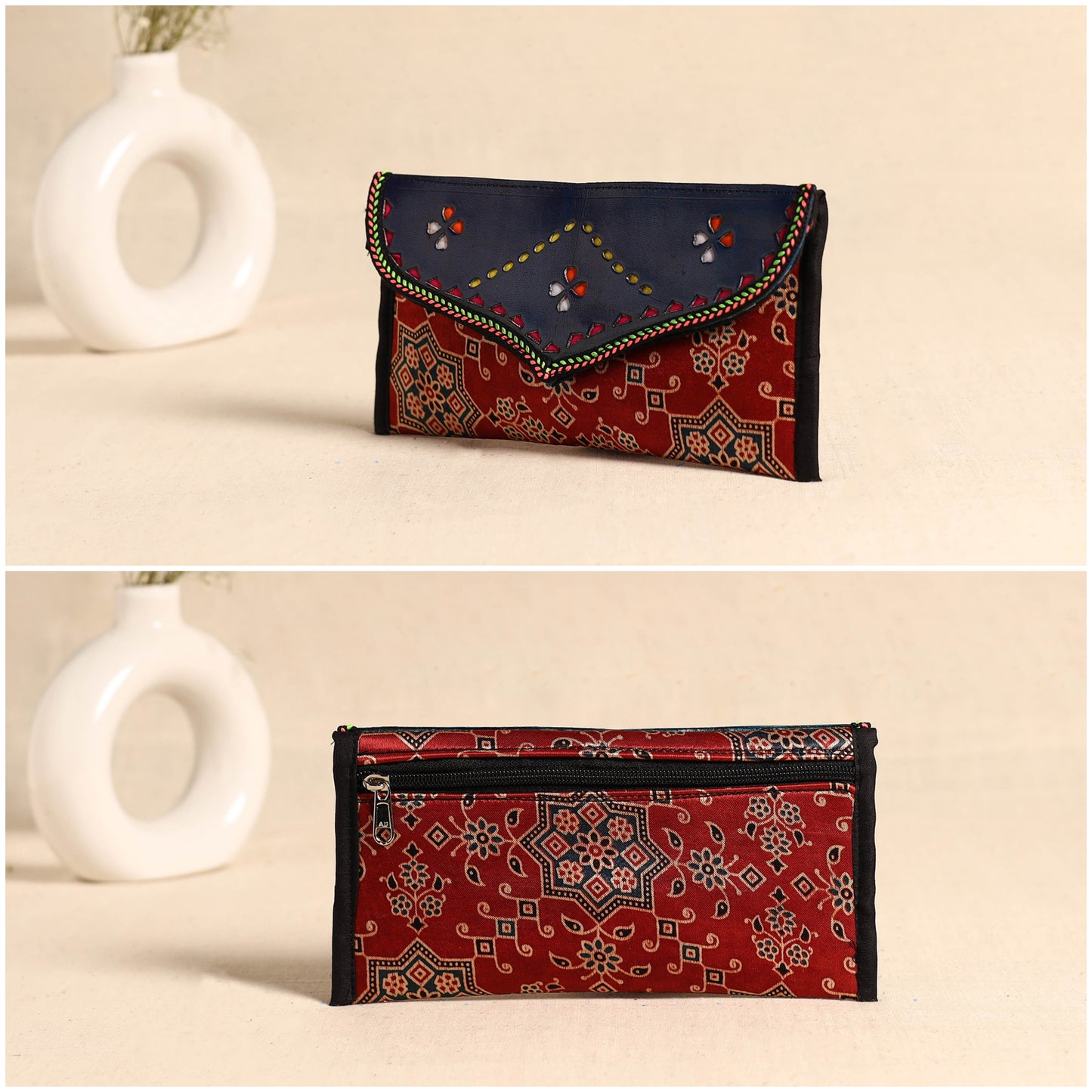 Traditional Kutch Mashru Silk Leather Flap Clutch / Wallet 107