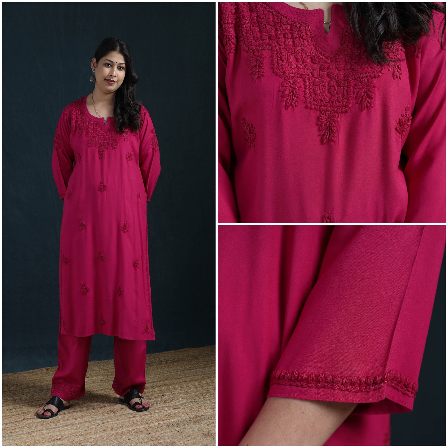 Pink - Hand Embroidered Rayon Chikankari Kurta with Pant Set for Women 03