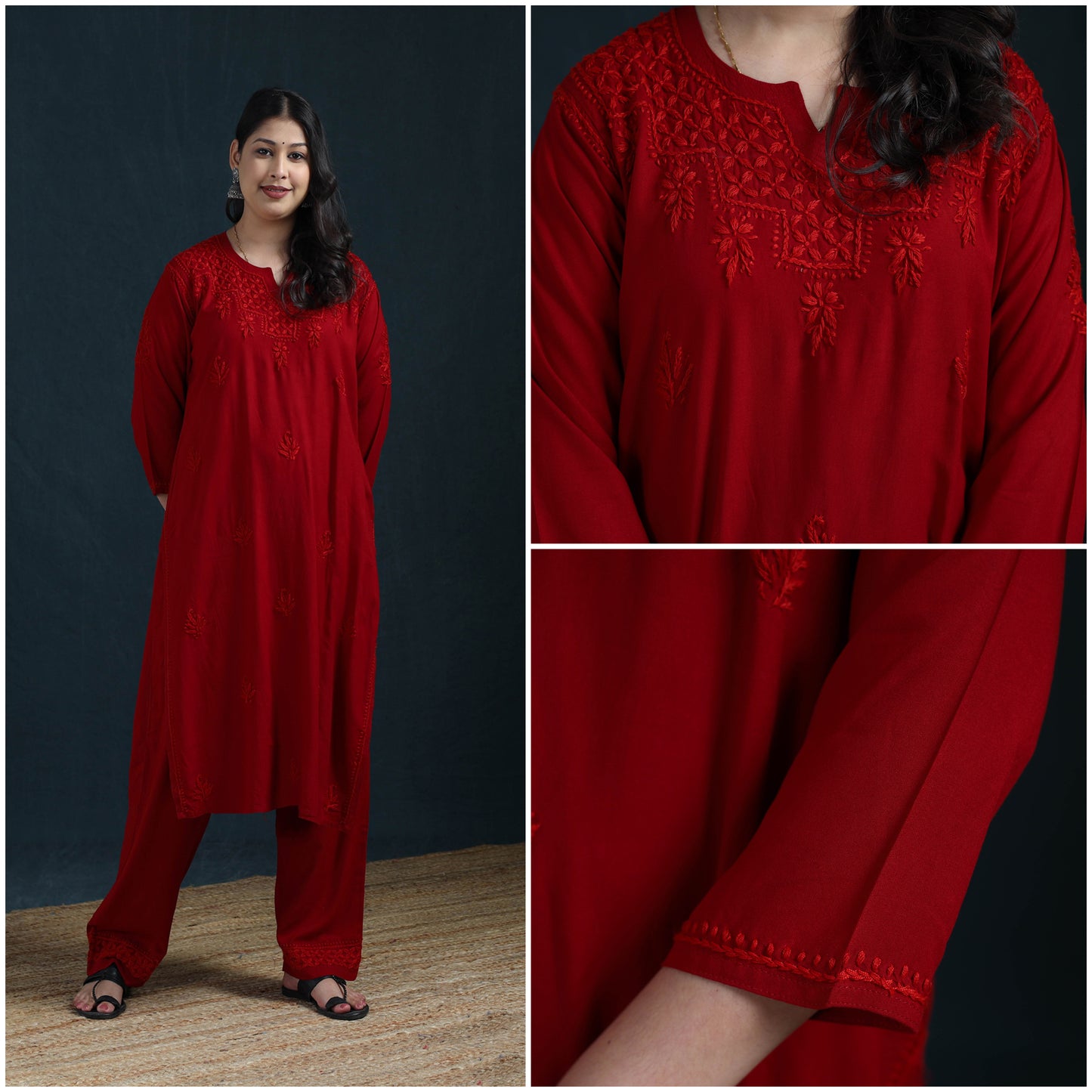 Red - Hand Embroidered Rayon Chikankari Kurta with Pant Set for Women 04