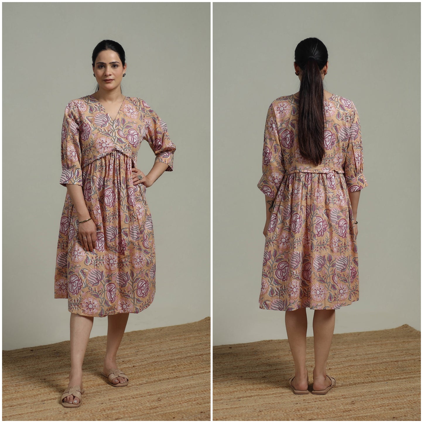 Beige - Sanganeri Hand Block Print Pure Cotton Angrakha Flared Dress 14