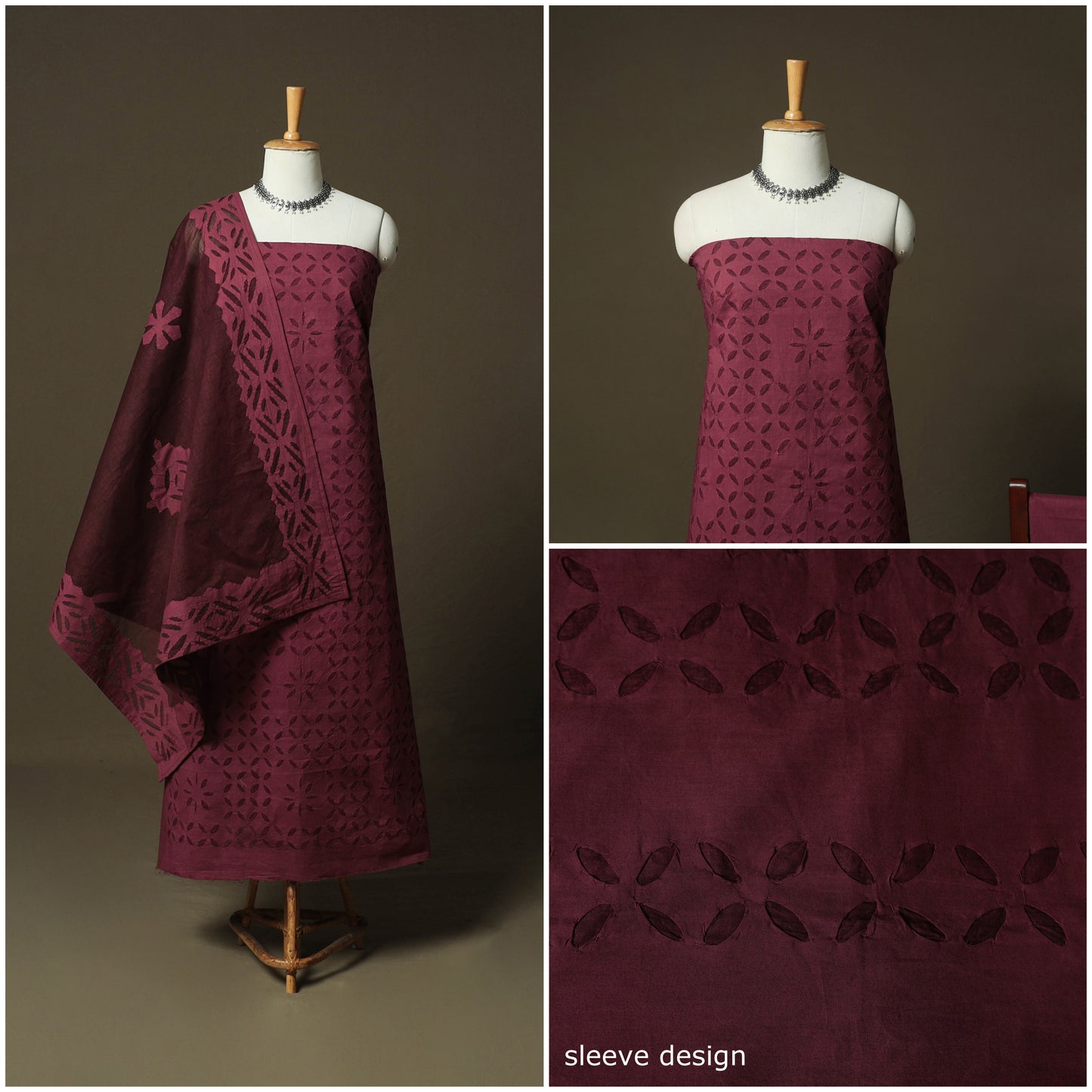 Maroon - Barmer Applique Cutwork Cotton 3pc Unstitched Dress Material Suit Set 04