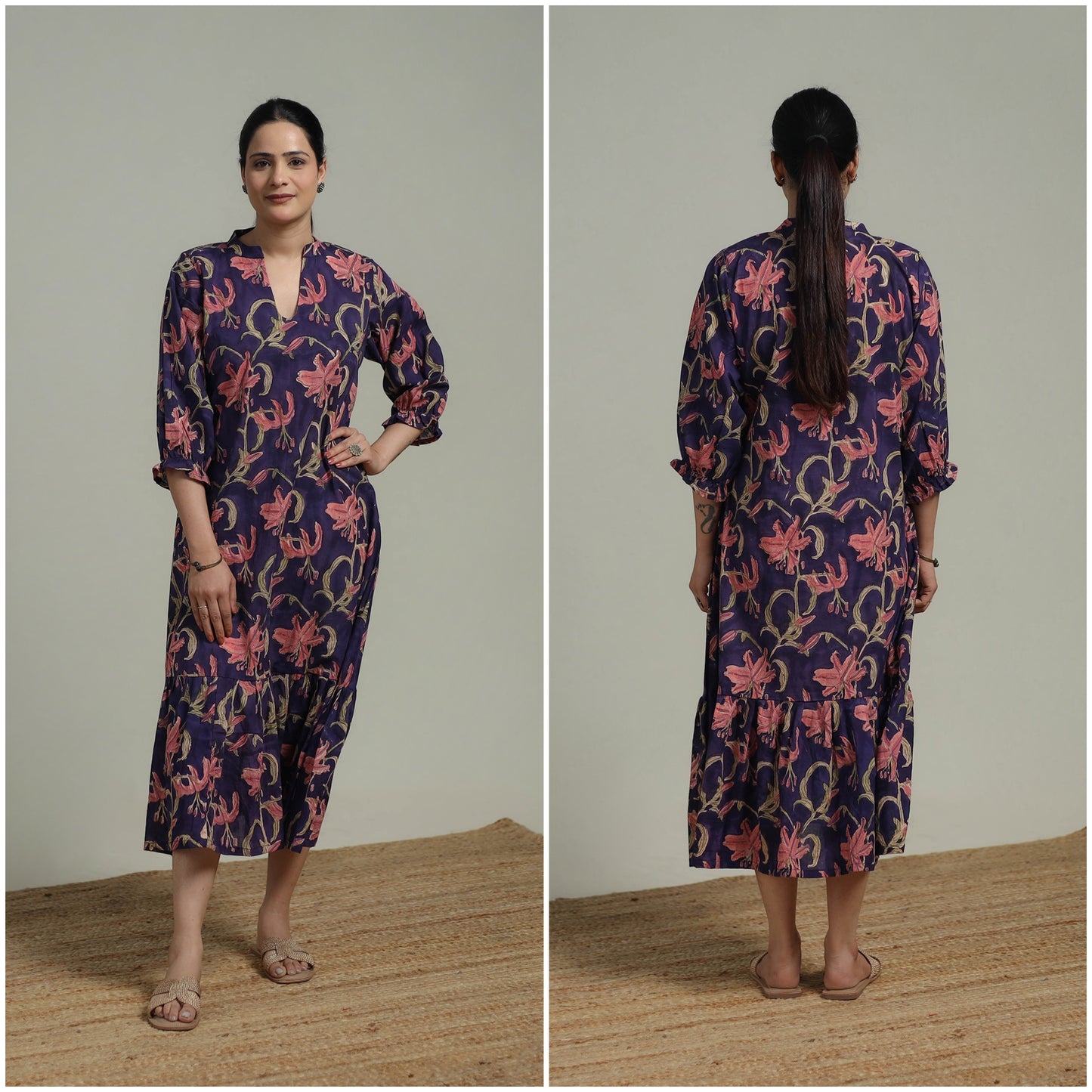 Purple - Sanganeri Hand Block Print Pure Cotton Tiered Dress 17