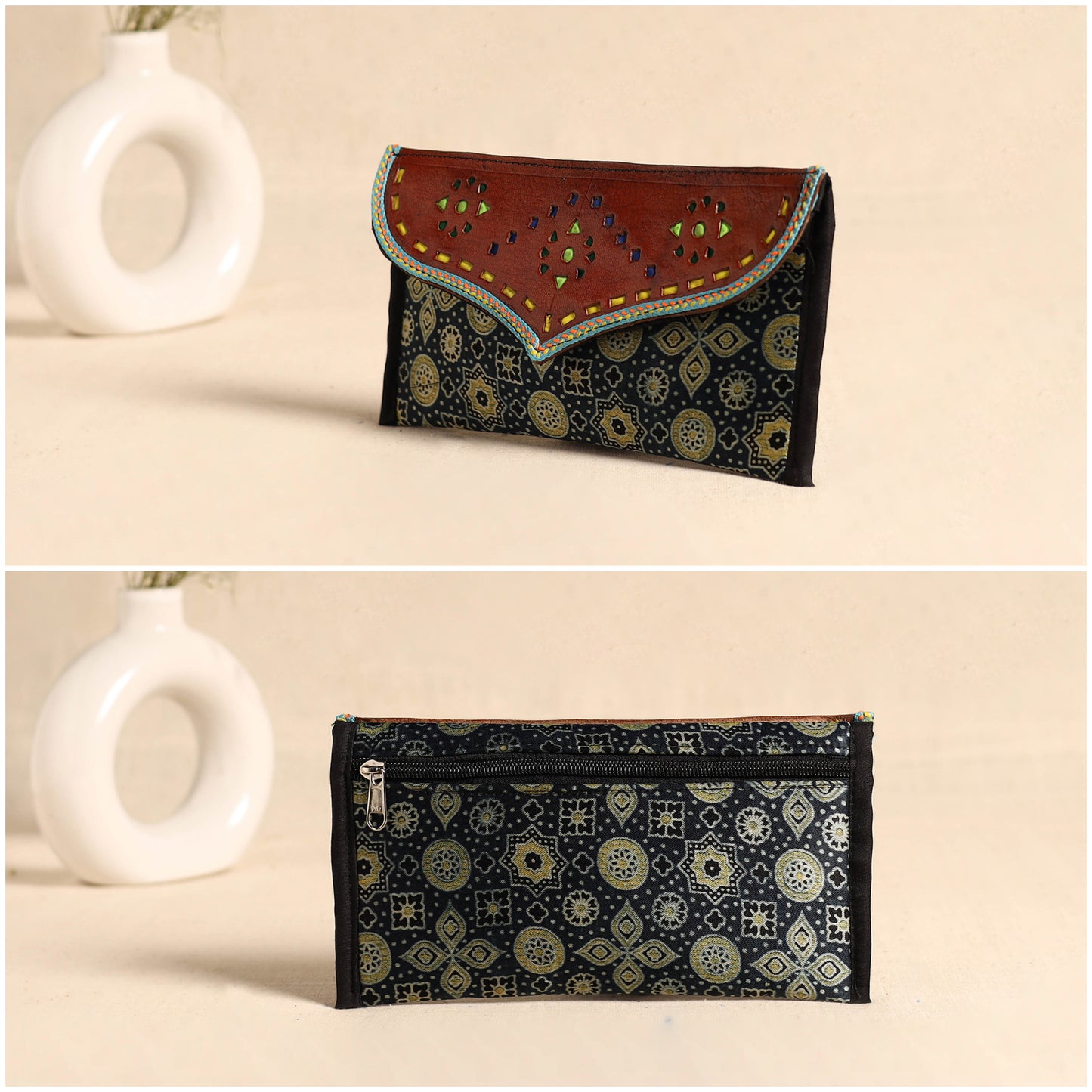 Traditional Kutch Mashru Silk Leather Flap Clutch / Wallet 110