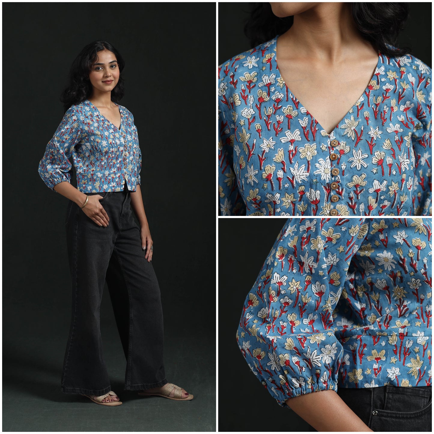 Hand Block Sanganeri Print Cotton Floral Crop Top 06