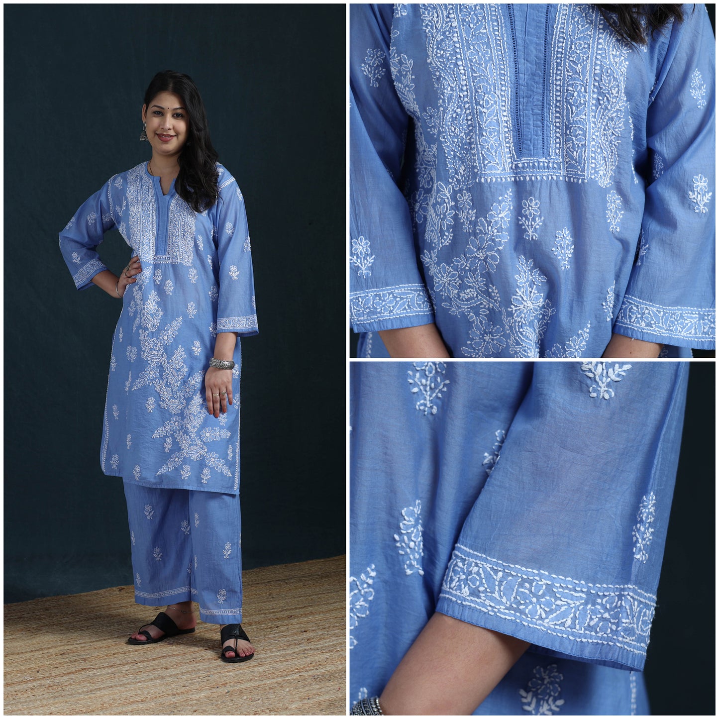 Blue - Hand Embroidered Mul Chanderi Chikankari Kurta with Palazzo Set for Women 21