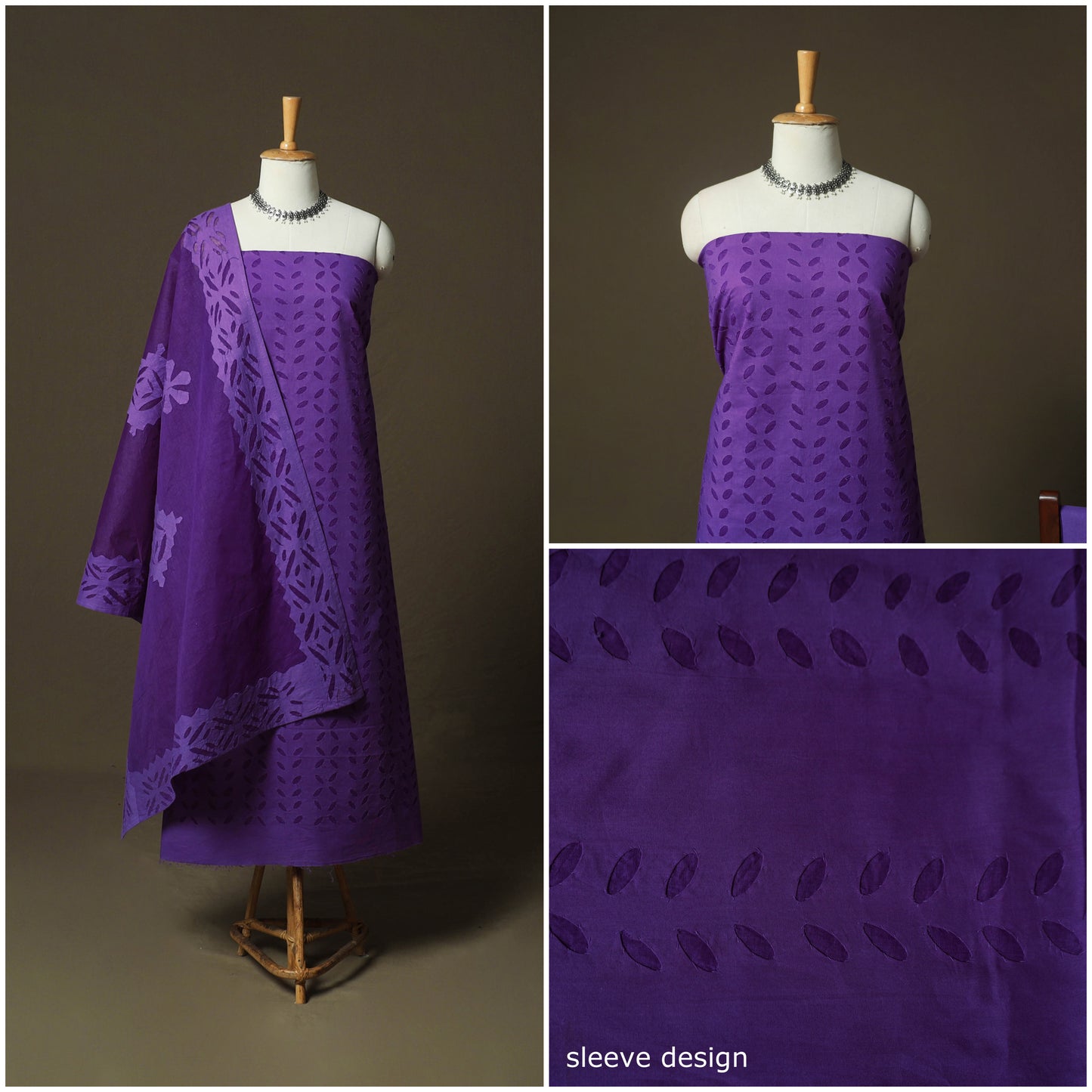 Purple - Barmer Applique Cutwork Cotton 3pc Unstitched Dress Material Suit Set 06
