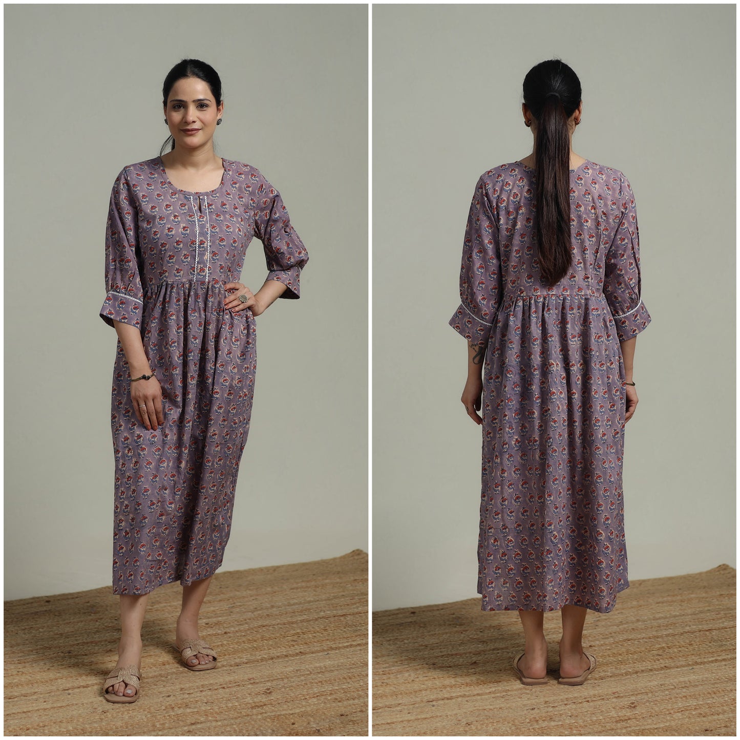 Purple - Sanganeri Hand Block Print Pure Cotton Flared Dress 07